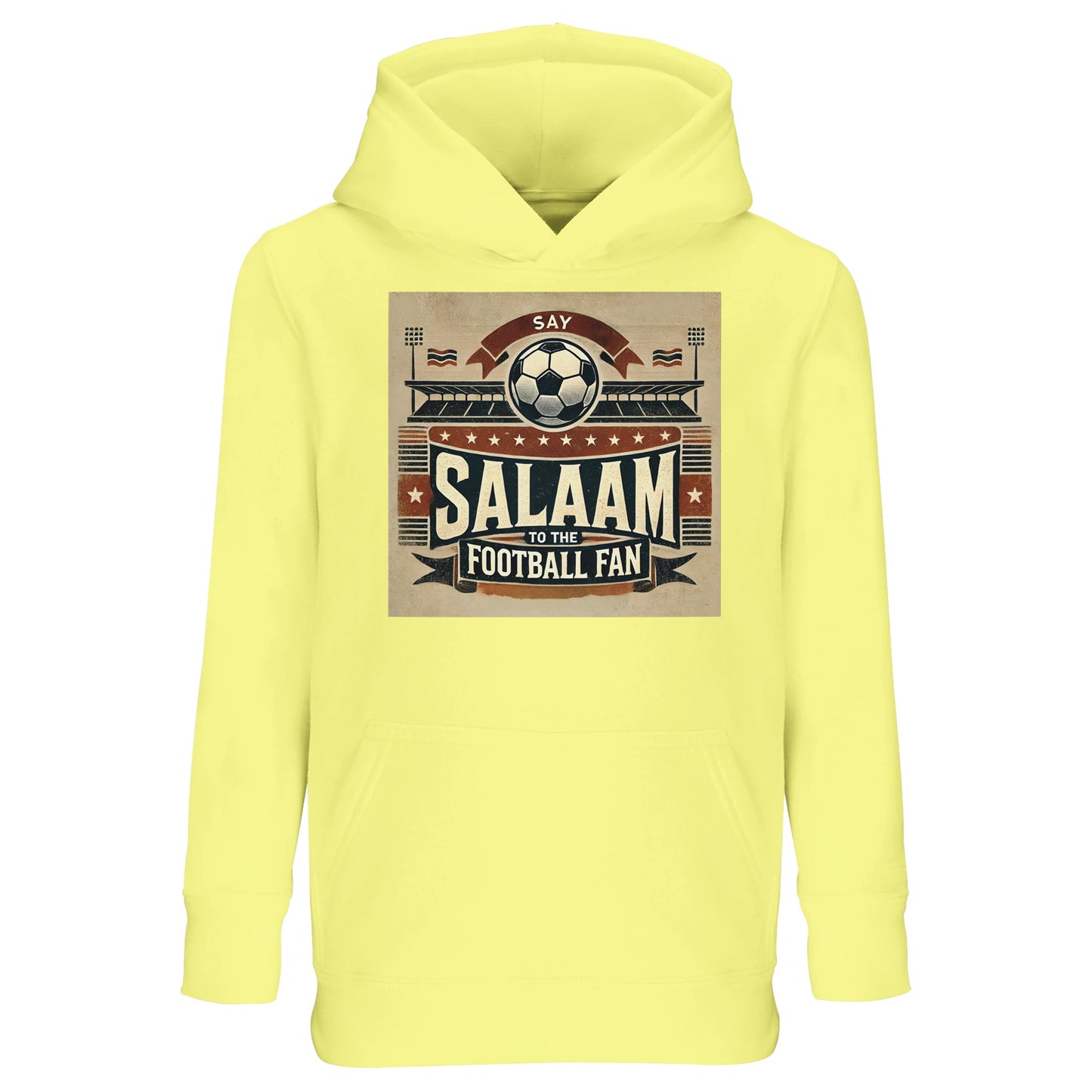 Say Salaam to the Football Fan Design #11 Part-Recycled Cotton-Poly Kids Hoodie – Light Yellow / Lemon Cream with retro football artwork in tan, red and black featuring fans, flags and a matchball. Hooded top for little streamers, Fifa gamers or La Liga star chasers. Jumper with hood for boys, girls or unisex kids who back teams like Celtic or Argentina. Football fan fashion for modest dressers that dream of top bins, going to the game with dad  or scoring on the school pitch – Muslim clothing for kids.