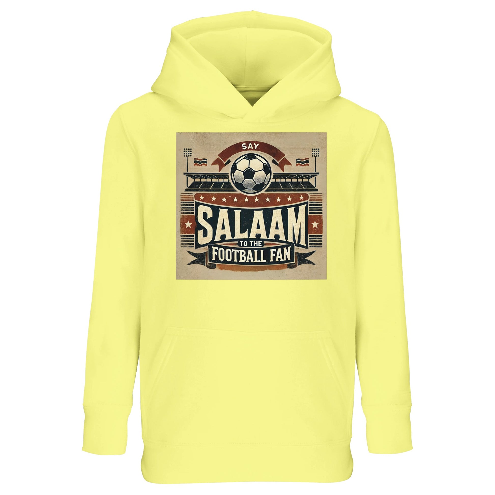Say Salaam to the Football Fan Design #11 Part-Recycled Cotton-Poly Kids Hoodie – Light Yellow / Lemon Cream with retro football artwork in tan, red and black featuring fans, flags and a matchball. Hooded top for little streamers, Fifa gamers or La Liga star chasers. Jumper with hood for boys, girls or unisex kids who back teams like Celtic or Argentina. Football fan fashion for modest dressers that dream of top bins, going to the game with dad  or scoring on the school pitch – Muslim clothing for kids.