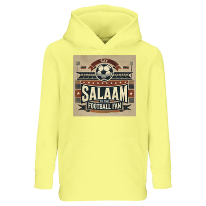 Say Salaam to the Football Fan Design #11 Part-Recycled Cotton-Poly Kids Hoodie – Light Yellow / Lemon Cream with retro football artwork in tan, red and black featuring fans, flags and a matchball. Hooded top for little streamers, Fifa gamers or La Liga star chasers. Jumper with hood for boys, girls or unisex kids who back teams like Celtic or Argentina. Football fan fashion for modest dressers that dream of top bins, going to the game with dad  or scoring on the school pitch – Muslim clothing for kids.