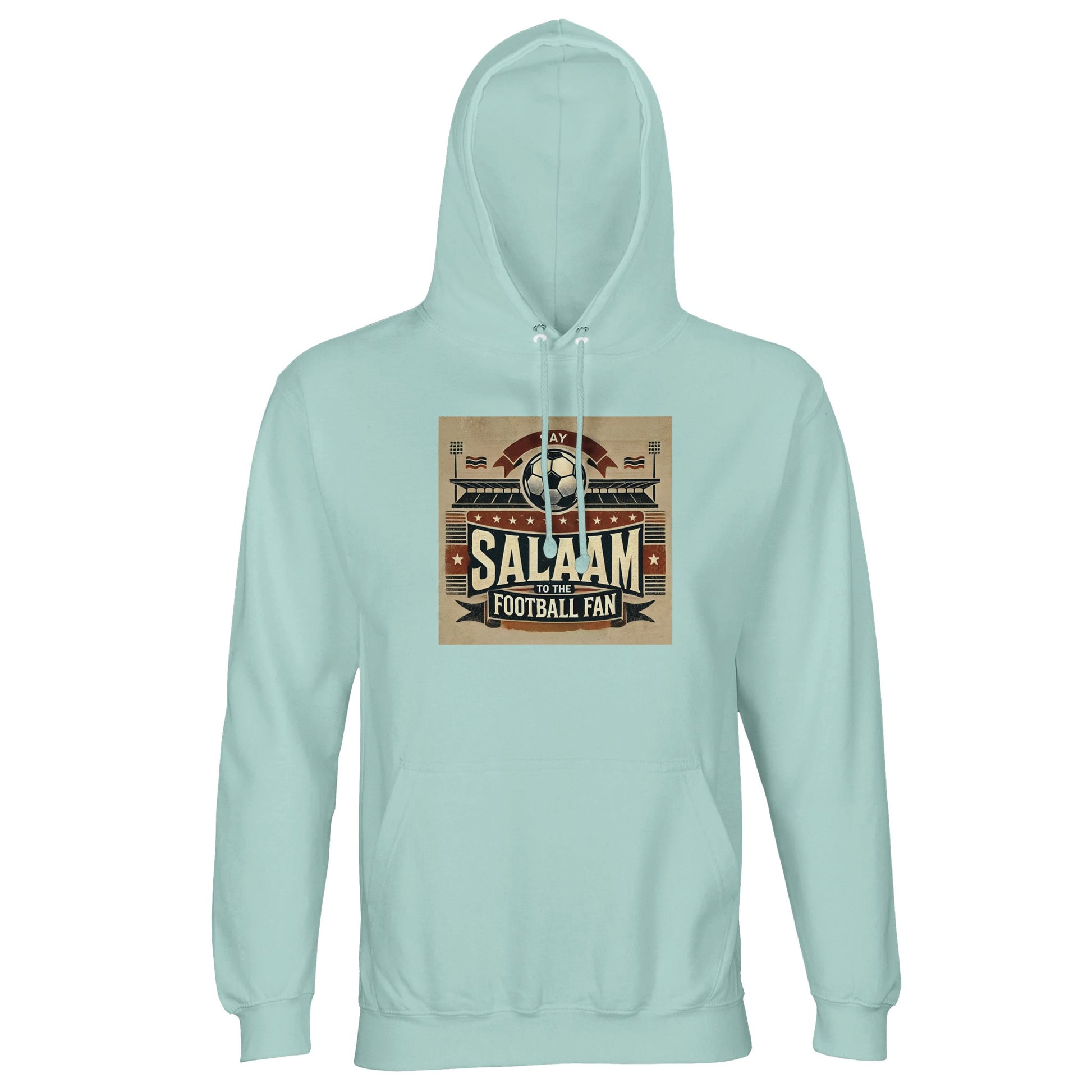 Say Salaam to the Football Fan Design #11 Part-Recycled Unisex Cotton-Poly Hoodie – Arctic Blue / Cadet Blue featuring vintage matchday artwork in muted tan, black, and red tones with a stadium scene, bold ‘Salaam’ lettering, flags, and a matchball. A heritage-style hooded top for watching goals fly in – from VAR controversy to Champions League nights and Premier League fixtures. Modest streetwear pullover, basic football sweatshirt for streaming or supporting your club in the Saudi League and beyond.
