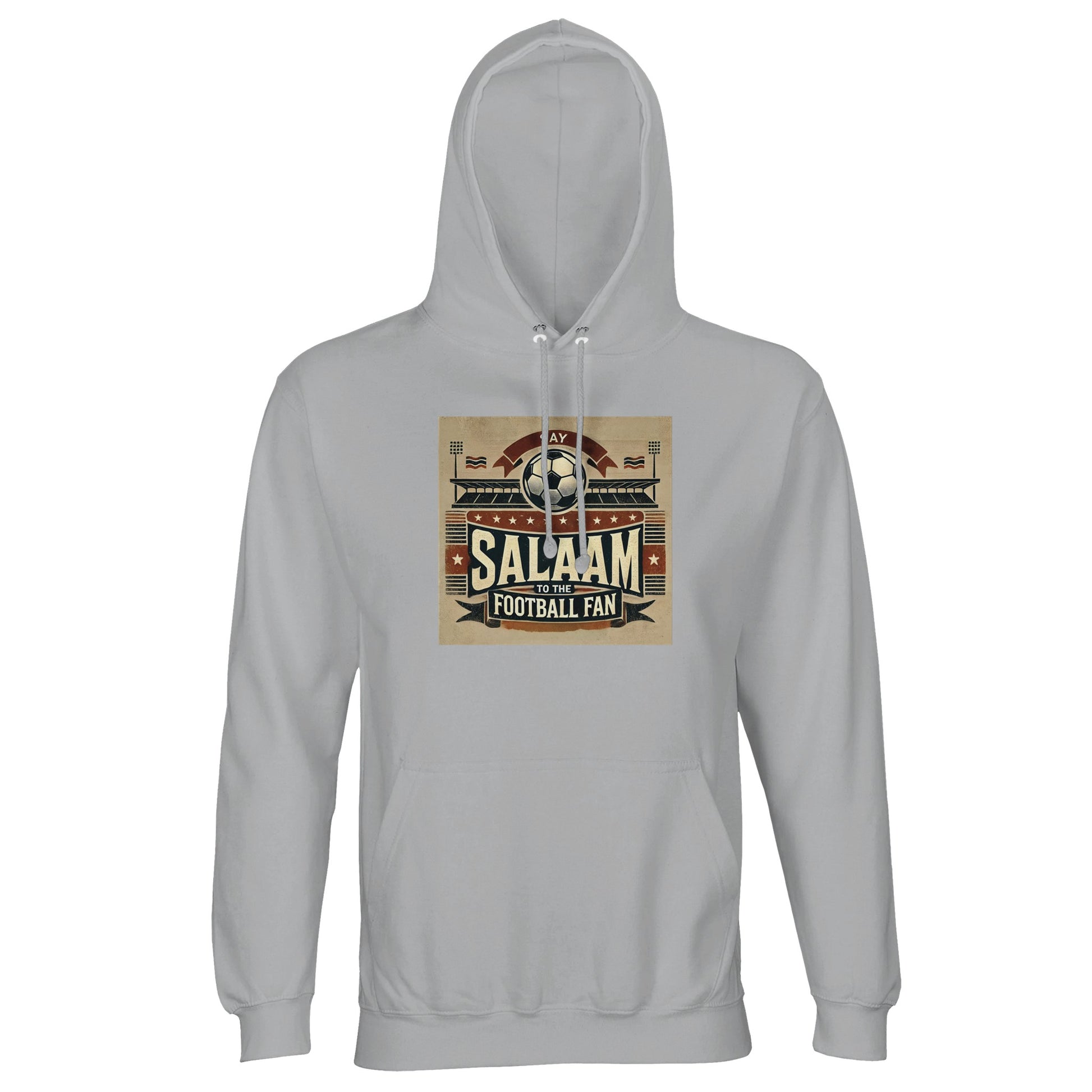Say Salaam to the Football Fan Design #11 Part-Recycled Unisex Cotton-Poly Hoodie – Ash / Silver Chalice featuring vintage matchday artwork in muted tan, black, and red tones with a stadium scene, bold ‘Salaam’ lettering, flags, and a matchball. A fan hoodie for lovers of football history, VAR drama, group chats about club kits, and every dramatic night in the UCL. Long sleeve sweatshirt, modest menswear, football fan top, sustainable pullover for the streaming generation of match lovers.