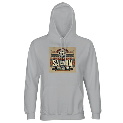 Say Salaam to the Football Fan Design #11 Part-Recycled Unisex Cotton-Poly Hoodie – Ash / Silver Chalice featuring vintage matchday artwork in muted tan, black, and red tones with a stadium scene, bold ‘Salaam’ lettering, flags, and a matchball. A fan hoodie for lovers of football history, VAR drama, group chats about club kits, and every dramatic night in the UCL. Long sleeve sweatshirt, modest menswear, football fan top, sustainable pullover for the streaming generation of match lovers.