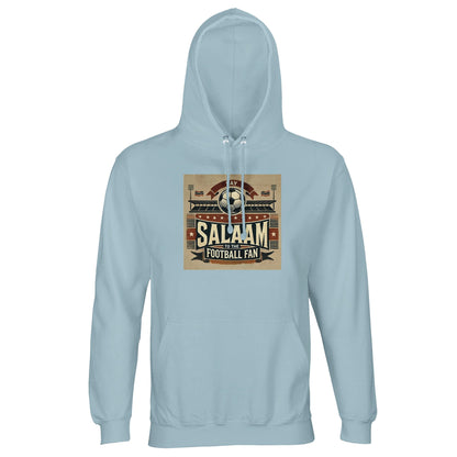 Say Salaam to the Football Fan Design #11 Part-Recycled Unisex Cotton-Poly Hoodie – Creamy Blue / Waikawa Grey featuring vintage matchday artwork in muted tan, black, and red tones with a stadium scene, bold ‘Salaam’ lettering, flags, and a matchball. Hoodie for fans of matchday rituals and post-match highlights – whether it’s Premier League, Champions League, or Saudi League. Graphic jumper, streetwear top, football fashion for modest dressers who never miss a goal or a group stage twist.