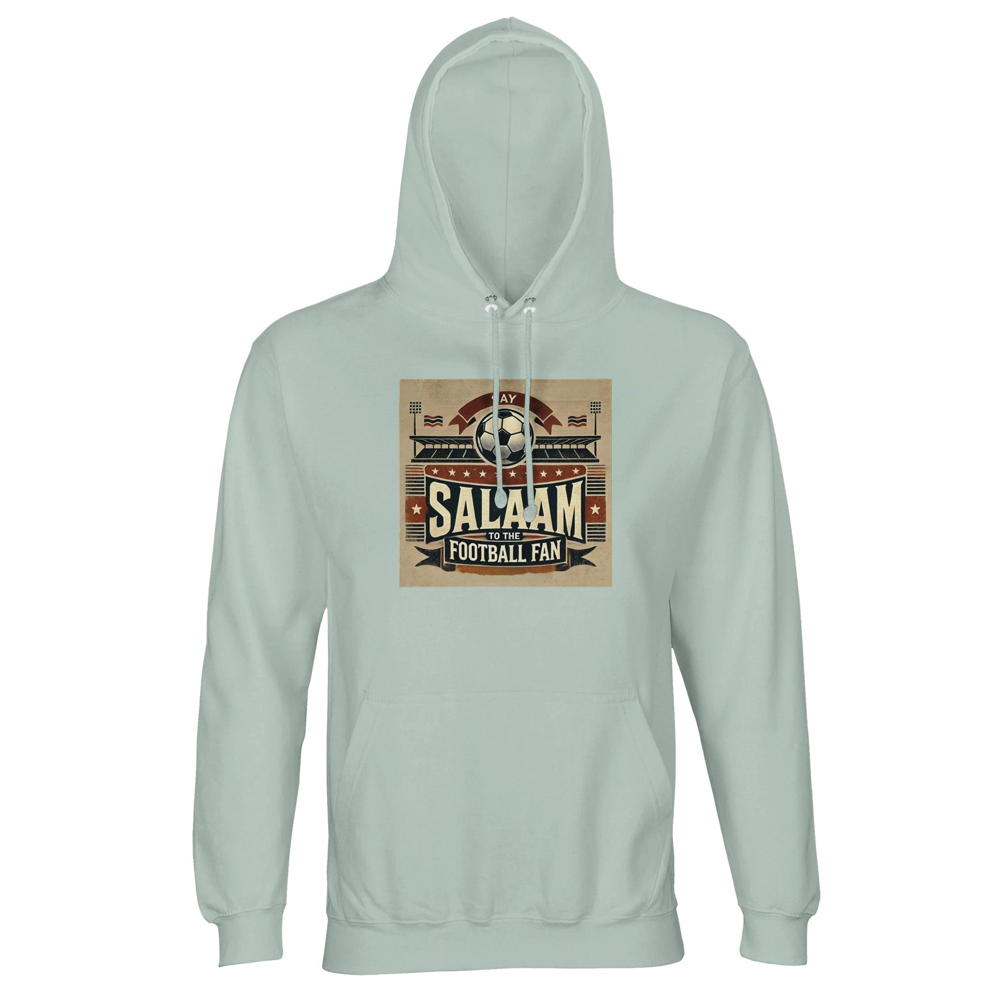 Say Salaam to the Football Fan Design #11 Part-Recycled Unisex Cotton-Poly Hoodie – Creamy Green / Greenish Grey featuring vintage matchday artwork in muted tan, black, and red tones with a stadium scene, bold ‘Salaam’ lettering, flags, and a matchball. A classic pullover hoodie for true supporters who track Premier League tables, Champions League goals, and Saudi Pro League transfers. Modest streetwear meets football fan gear – the sweatshirt for streaming matches or catching them live.