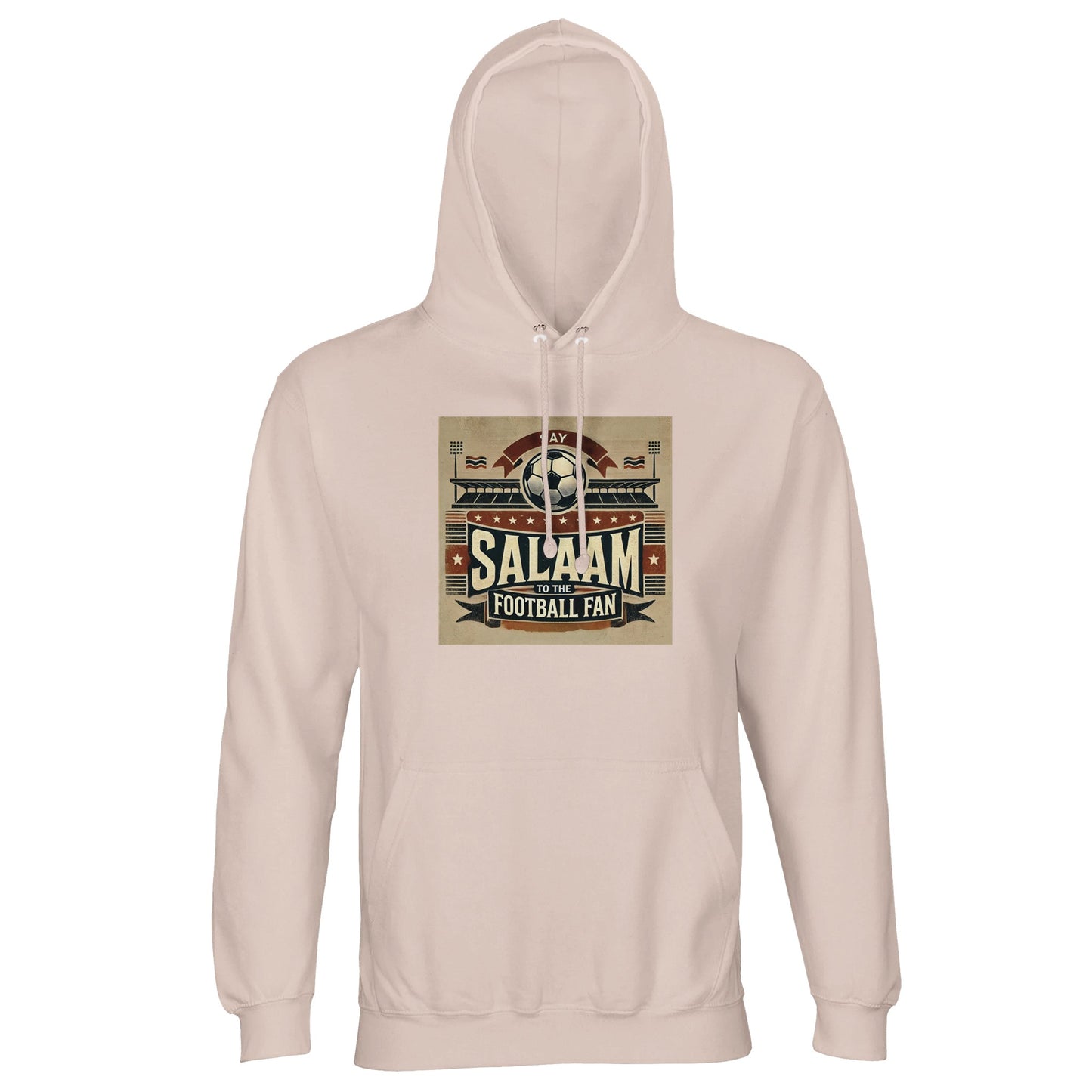 Say Salaam to the Football Fan Design #11 Part-Recycled Unisex Cotton-Poly Hoodie – Creamy Pink / Oyster Pink featuring vintage matchday artwork in muted tan, black, and red tones with a stadium scene, bold ‘Salaam’ lettering, flags, and a matchball. A throwback-style jumper for fans of football heritage, classic kits, terrace culture and Saturday 3PM spirit. Graphic hoodie, mens pullover, modest streetwear, football fan gear, sustainable sports fashion for streaming the match or in the stands on matchdays.