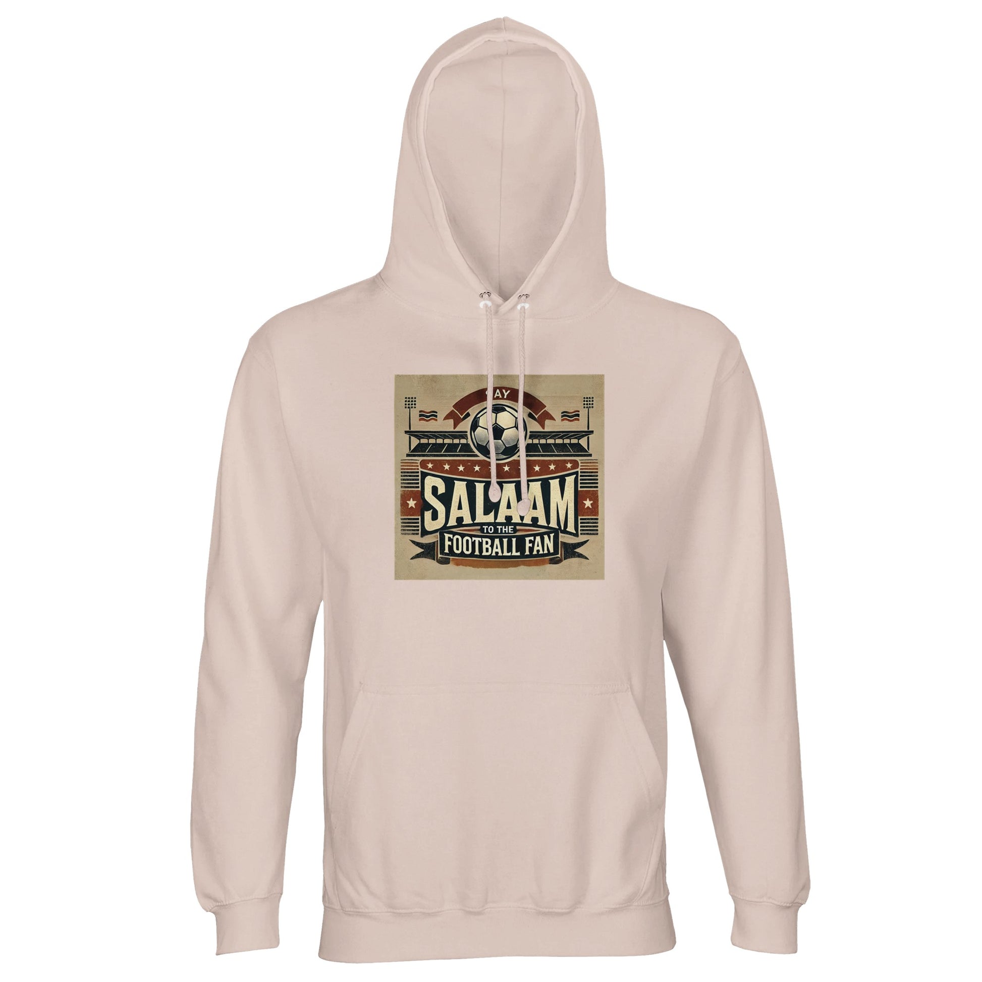 Say Salaam to the Football Fan Design #11 Part-Recycled Unisex Cotton-Poly Hoodie – Creamy Pink / Oyster Pink featuring vintage matchday artwork in muted tan, black, and red tones with a stadium scene, bold ‘Salaam’ lettering, flags, and a matchball. A throwback-style jumper for fans of football heritage, classic kits, terrace culture and Saturday 3PM spirit. Graphic hoodie, mens pullover, modest streetwear, football fan gear, sustainable sports fashion for streaming the match or in the stands on matchdays.
