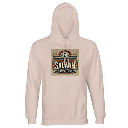 Say Salaam to the Football Fan Design #11 Part-Recycled Unisex Cotton-Poly Hoodie – Creamy Pink / Oyster Pink featuring vintage matchday artwork in muted tan, black, and red tones with a stadium scene, bold ‘Salaam’ lettering, flags, and a matchball. A throwback-style jumper for fans of football heritage, classic kits, terrace culture and Saturday 3PM spirit. Graphic hoodie, mens pullover, modest streetwear, football fan gear, sustainable sports fashion for streaming the match or in the stands on matchdays.