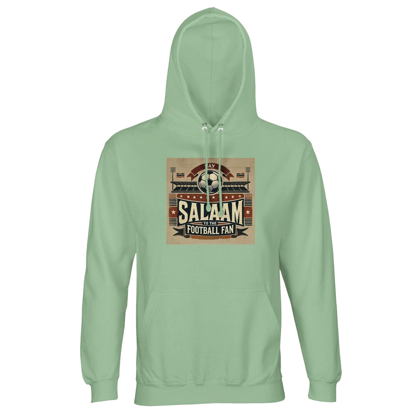 Say Salaam to the Football Fan Design #11 Part-Recycled Unisex Cotton-Poly Hoodie – Frozen Green / Opal featuring vintage matchday artwork in muted tan, black, and red tones with a stadium scene, bold ‘Salaam’ lettering, flags, and a matchball. A throwback-style hooded jumper for watching great goals, match streamers of Champions League, Premier League, VAR calls and Saudi League buzz. Graphic hoodie, mens pullover, long sleeve modest streetwear, fan gear, sustainable sports fashion for real supporters.