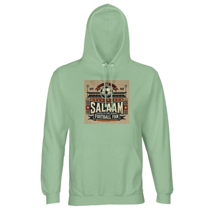 Say Salaam to the Football Fan Design #11 Part-Recycled Unisex Cotton-Poly Hoodie – Frozen Green / Opal featuring vintage matchday artwork in muted tan, black, and red tones with a stadium scene, bold ‘Salaam’ lettering, flags, and a matchball. A throwback-style hooded jumper for watching great goals, match streamers of Champions League, Premier League, VAR calls and Saudi League buzz. Graphic hoodie, mens pullover, long sleeve modest streetwear, fan gear, sustainable sports fashion for real supporters.