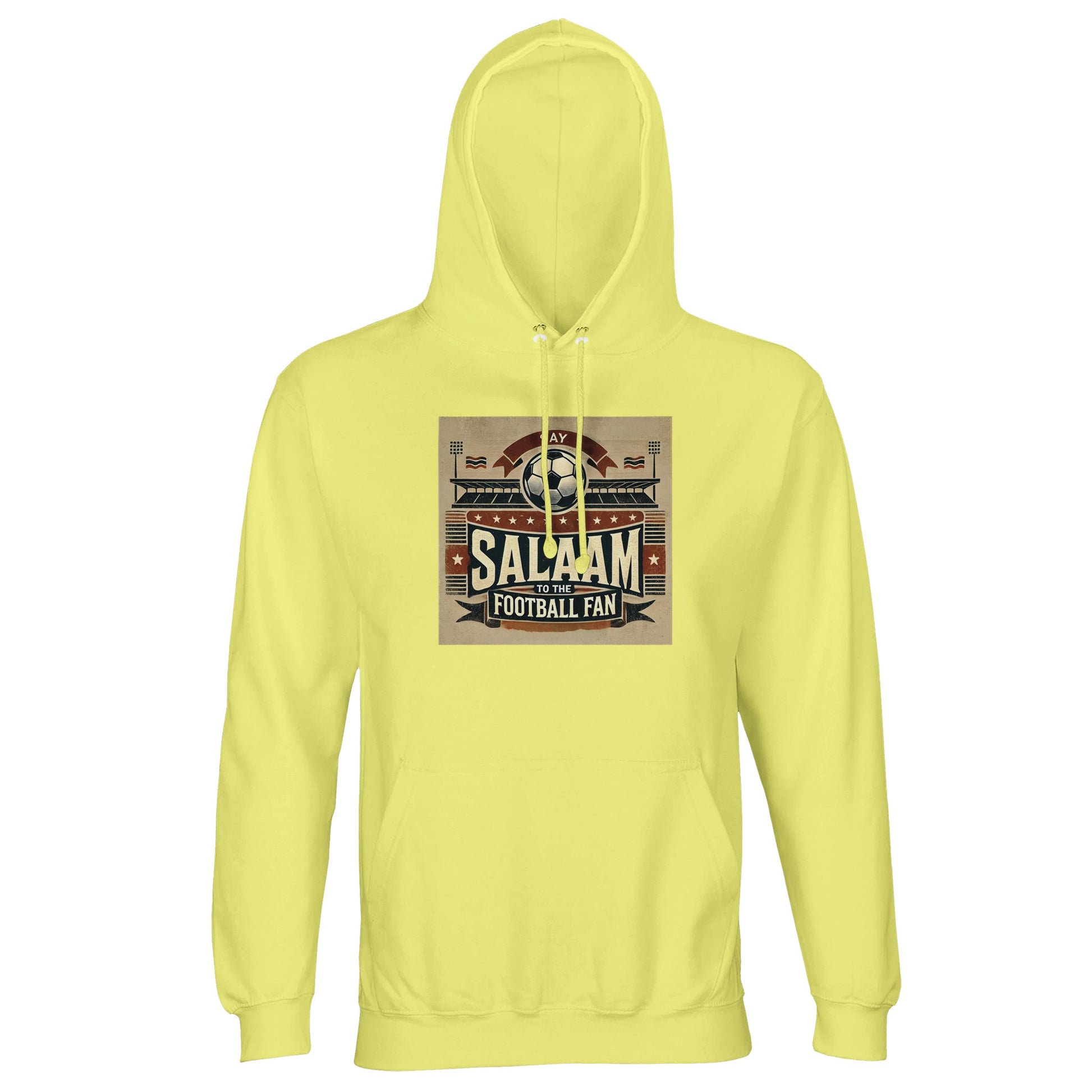 Say Salaam to the Football Fan Design #11 Part-Recycled Unisex Cotton-Poly Hoodie – Light Yellow / Lemon Chiffon featuring vintage matchday artwork in muted tan, black, and red tones with a stadium scene, bold ‘Salaam’ lettering, flags, and a matchball. Hoodie for football lovers who follow Premier League highlights, Champions League goals, and Saudi League drama. Modest streetwear pullover, graphic sweatshirt, sustainable fan hoodie for matchday supporters and score-checkers alike.