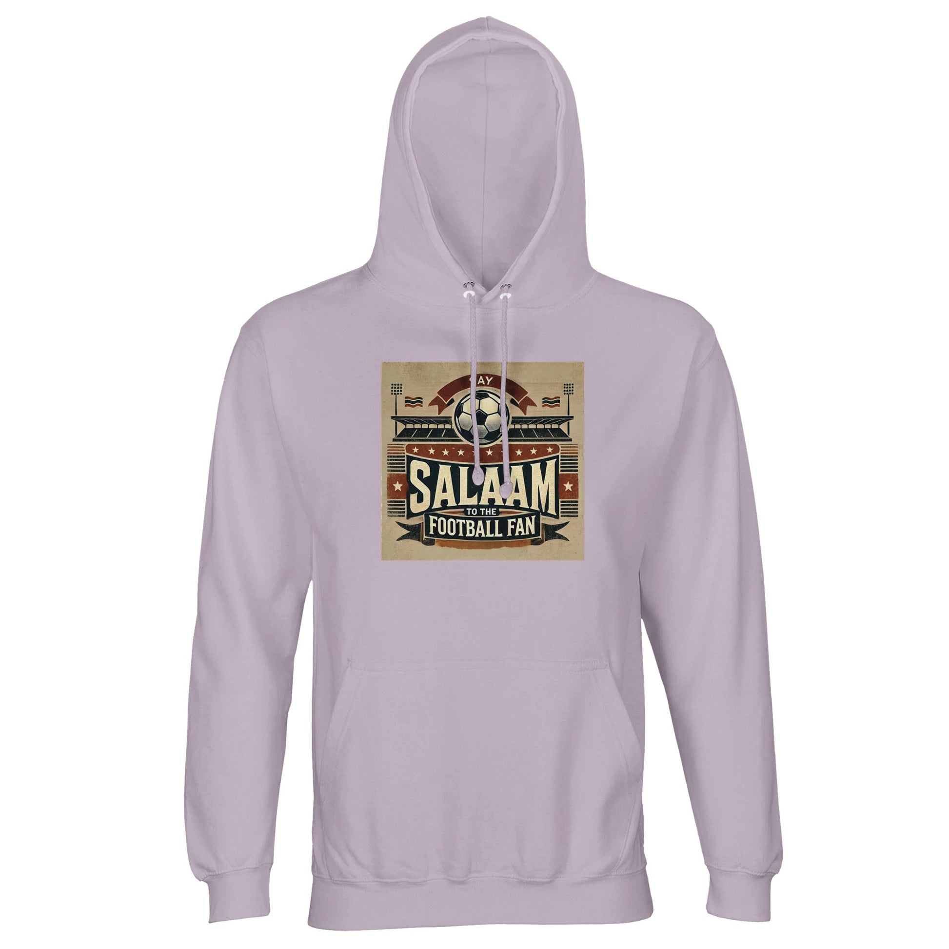 Say Salaam to the Football Fan Design #11 Part-Recycled Unisex Cotton-Poly Hoodie – Lilak / Lilac / Wisteria Purple featuring vintage matchday artwork in muted tan, black, and red tones with a stadium scene, bold ‘Salaam’ lettering, flags, and a matchball. An essentials statement hooded top for fans of big goals, bold kits, VAR chaos, UCL group stages and Saudi League headlines. Modest streetwear pullover, graphic football jumper, sustainable sports fashion for real supporters streaming or in the stands.
