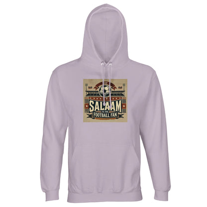 Say Salaam to the Football Fan Design #11 Part-Recycled Unisex Cotton-Poly Hoodie – Lilak / Lilac / Wisteria Purple featuring vintage matchday artwork in muted tan, black, and red tones with a stadium scene, bold ‘Salaam’ lettering, flags, and a matchball. An essentials statement hooded top for fans of big goals, bold kits, VAR chaos, UCL group stages and Saudi League headlines. Modest streetwear pullover, graphic football jumper, sustainable sports fashion for real supporters streaming or in the stands.