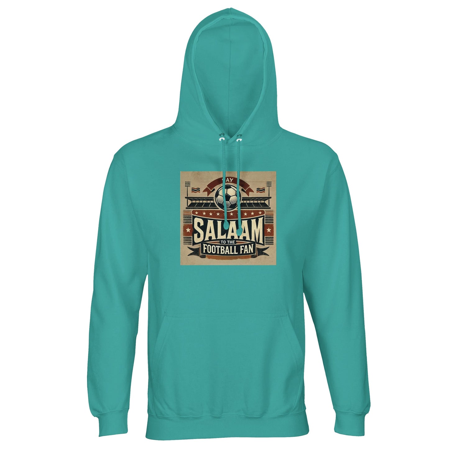 Say Salaam to the Football Fan Design #11 Part-Recycled Unisex Cotton-Poly Hoodie – Pool Blue / Light Sea Green featuring vintage matchday artwork in muted tan, black, and red tones with a stadium scene, bold ‘Salaam’ lettering, flags, and a matchball. A pitch-ready hoodie for fans who follow the goals, the kits, and the chaos – from VAR to UCL matchdays and Saudi League stars. Modest streetwear pullover, football fan gear, sustainable hoodie for supporters streaming the action or singing in the away end.