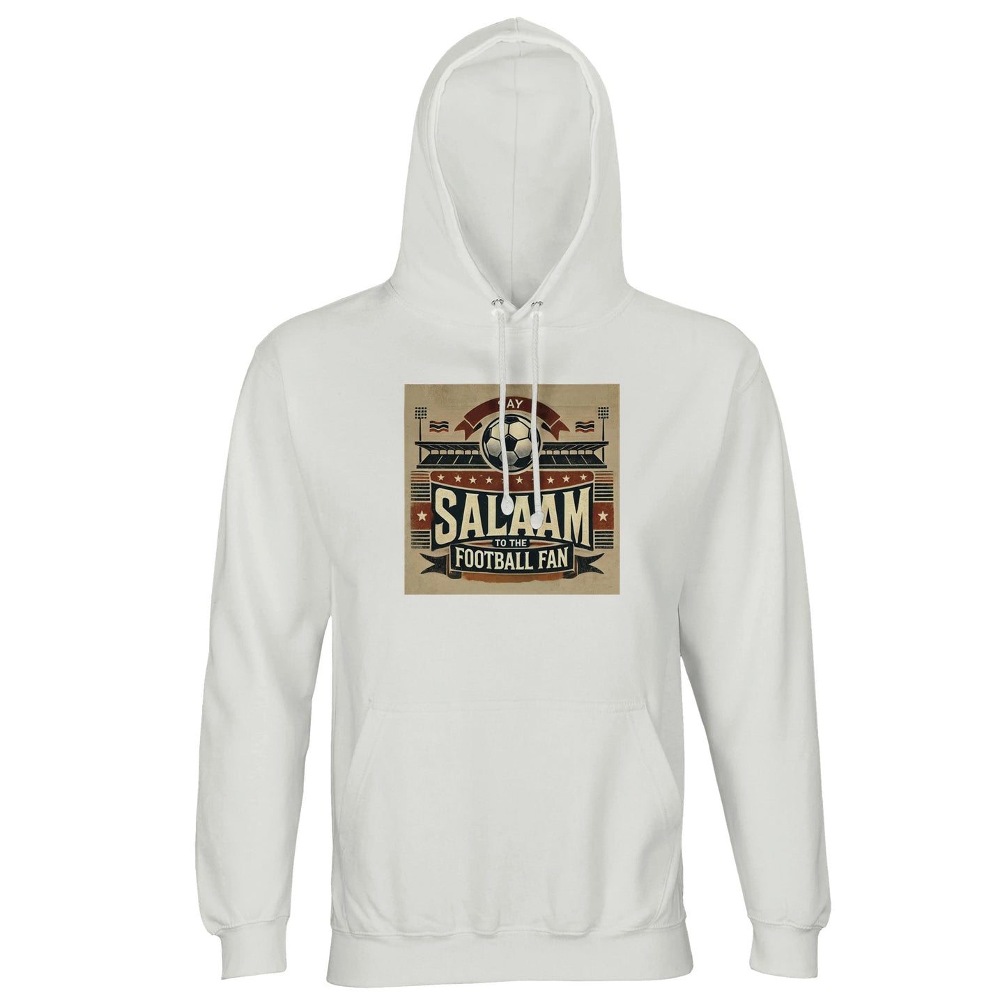 Say Salaam to the Football Fan Design #11 Part-Recycled Unisex Cotton-Poly Hoodie – White / Platinum featuring vintage matchday artwork in muted tan, black, and red tones with a stadium scene, bold ‘Salaam’ lettering, flags, and a match ball. A throwback-style jumper for fans of football heritage, classic kits, terrace culture and Saturday 3PM spirit. Graphic hoodie, mens pullover, modest streetwear, football fan gear, sustainable sports fashion for streaming the match or in the stands on matchdays.