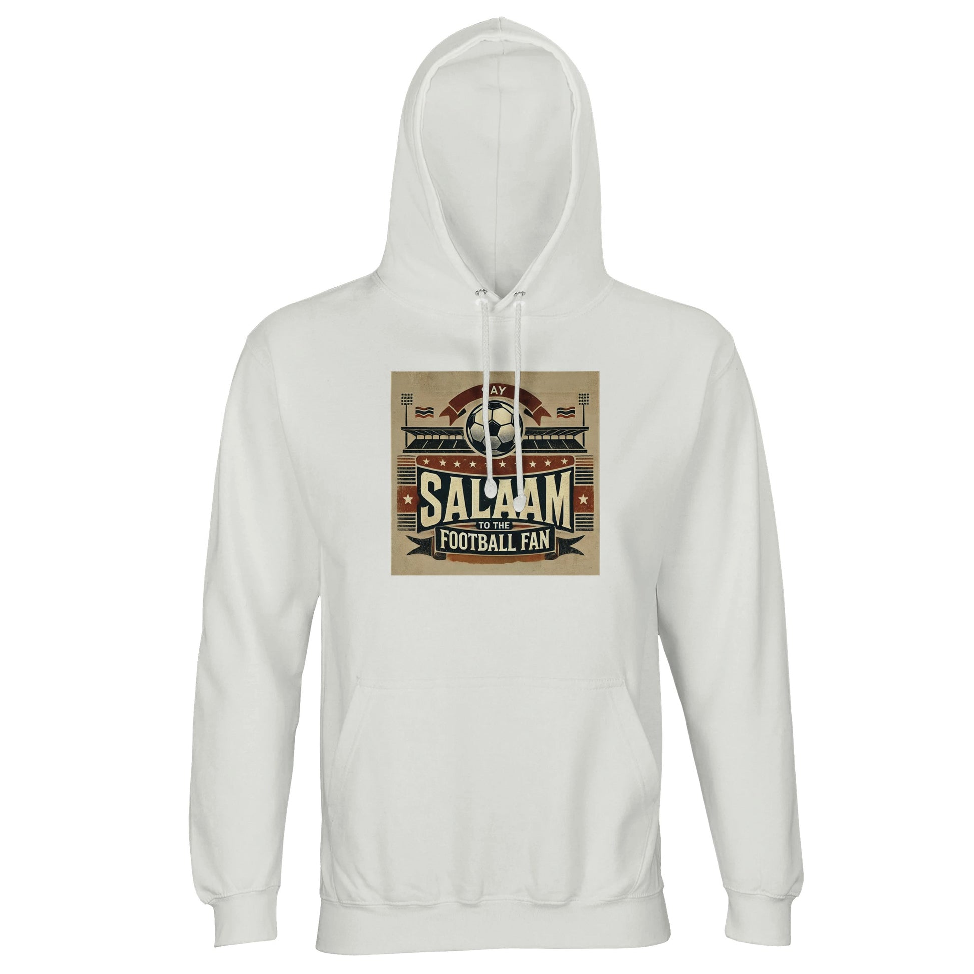 Say Salaam to the Football Fan Design #11 Part-Recycled Unisex Cotton-Poly Hoodie – White / Platinum featuring vintage matchday artwork in muted tan, black, and red tones with a stadium scene, bold ‘Salaam’ lettering, flags, and a match ball. A throwback-style jumper for fans of football heritage, classic kits, terrace culture and Saturday 3PM spirit. Graphic hoodie, mens pullover, modest streetwear, football fan gear, sustainable sports fashion for streaming the match or in the stands on matchdays.