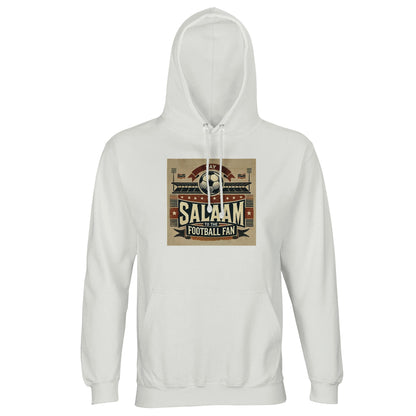 Say Salaam to the Football Fan Design #11 Part-Recycled Unisex Cotton-Poly Hoodie – White / Platinum featuring vintage matchday artwork in muted tan, black, and red tones with a stadium scene, bold ‘Salaam’ lettering, flags, and a match ball. A throwback-style jumper for fans of football heritage, classic kits, terrace culture and Saturday 3PM spirit. Graphic hoodie, mens pullover, modest streetwear, football fan gear, sustainable sports fashion for streaming the match or in the stands on matchdays.