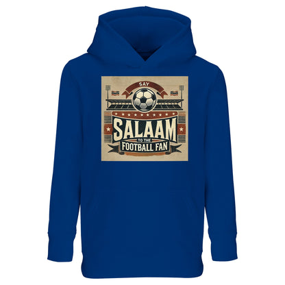 Say Salaam to the Football Fan Design #11 Part-Recycled Cotton-Poly Kids Hoodie – Royal Blue / Dark Midnight featuring football match art in red, tan and black with flags, fans, and bold ‘Salaam’. A toddler’s or teenager’s hooded pullover for the Premier League obsessed, UCL highlight watchers, and Saudi League fanatics. Football hoodie for children of all genders – boys’ sweatshirt, girls’ top or unisex modest streetwear for school runs, stadium visits and sports days when they love Leeds Utd or Al-Nassr.
