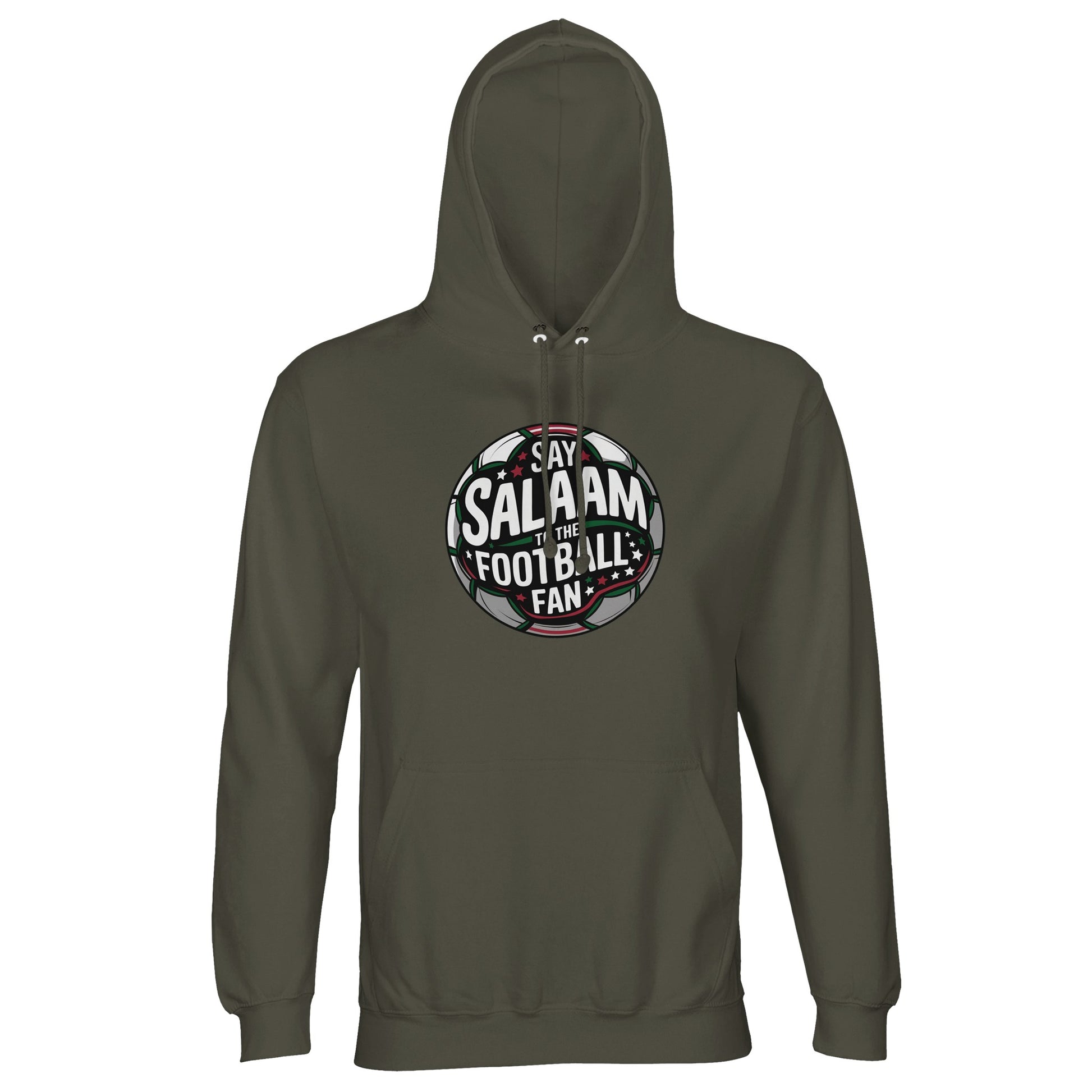 Army / Fuscous Grey Say Salaam to the Football Fan Design #1 unisex hoodie built around a muted, utilitarian green that grounds the bold football crest graphic. The circular design and Salaam text feel strong yet understated, ideal for everyday wear. Made from a cotton and recycled polyester blend with brushed fleece, this well-priced, long-sleeved hoodie suits modest apparel styling, Muslim clothing wardrobes, and Islamic fashion choices rooted in sport, faith, and durability.
