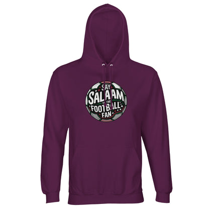 Astral Purple / Wine Berry / Reddish Magenta Say Salaam to the Football Fan Design #1 unisex hoodie combining a rich purple tone with a strong circular football badge print. The colour adds individuality while keeping the Salaam message central and legible. Made from a cotton and recycled polyester blend with brushed fleece lining, it fits modest wear styling, Islamic clothing selections, and warm Muslim winter fashion that values originality within football culture. This is what Muslims wear.