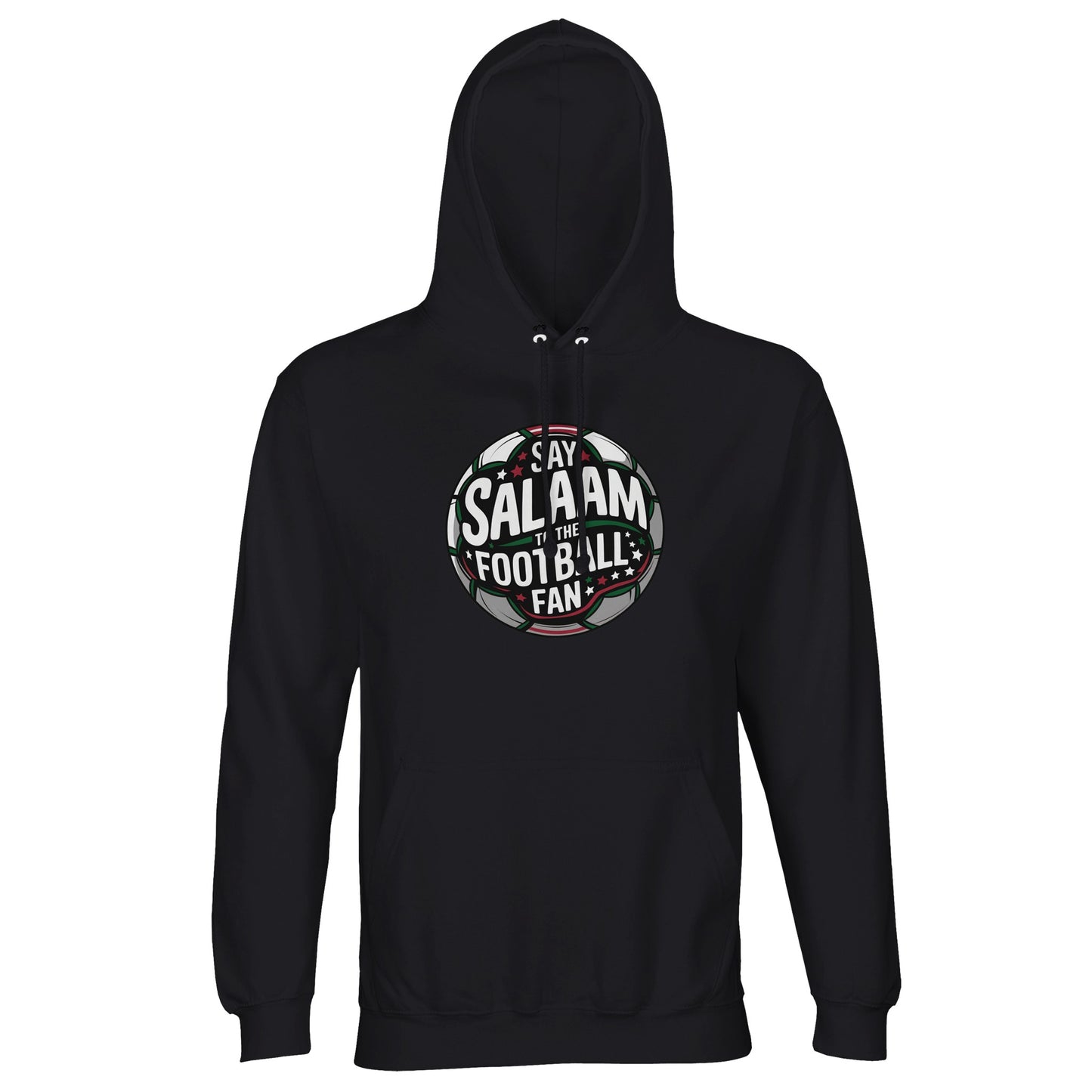 Deep Black / Zeus Say Salaam to the Football Fan Design #1 unisex hoodie presenting the most striking contrast for the circular football emblem and Salaam lettering. The black base sharpens every line of the badge-style print, creating a bold, versatile look. Made from cotton and recycled polyester fleece, it fits Islamic shop collections, Muslim clothing essentials for a good price, and modest apparel for football fans who prefer timeless, high-impact designs.