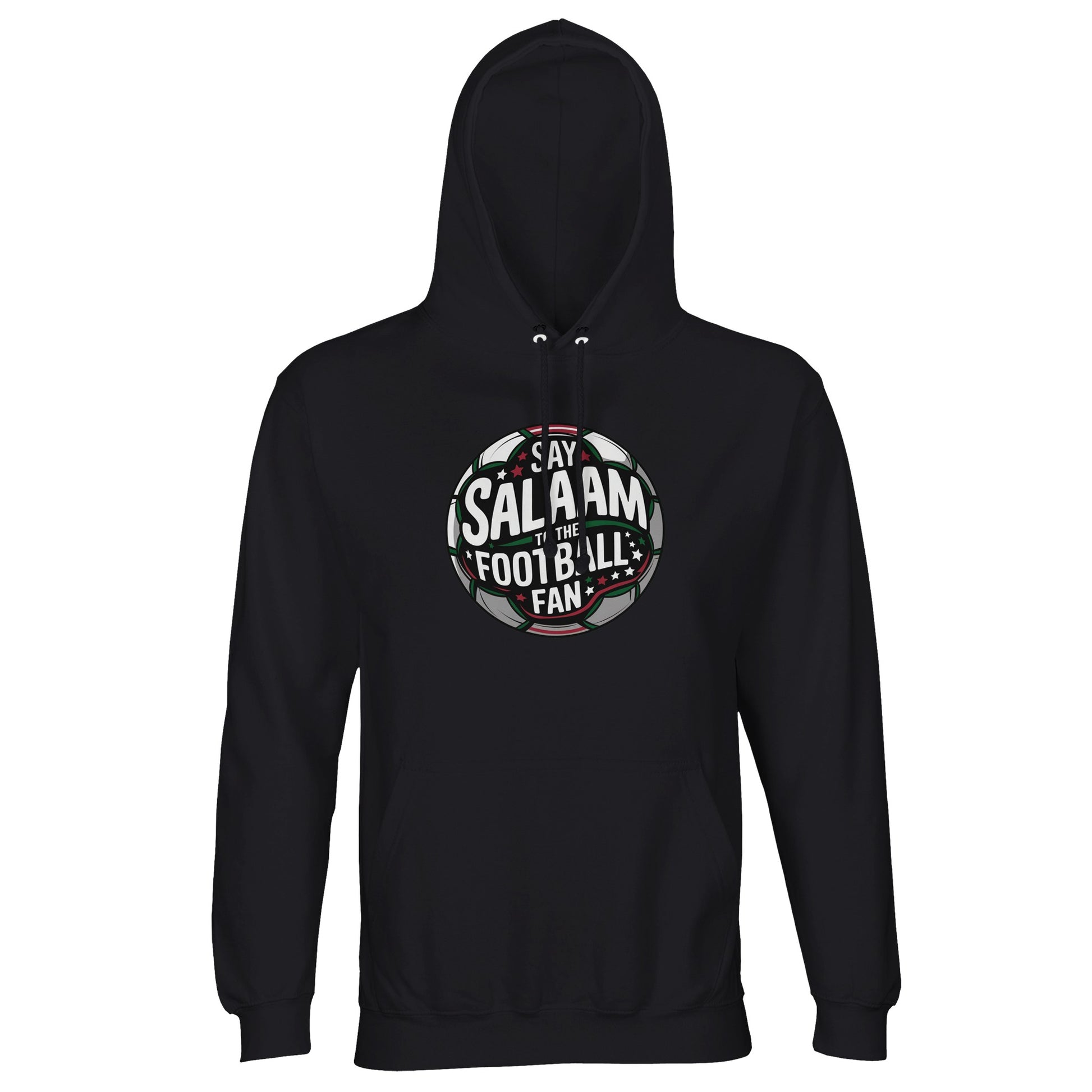 Deep Black / Zeus Say Salaam to the Football Fan Design #1 unisex hoodie presenting the most striking contrast for the circular football emblem and Salaam lettering. The black base sharpens every line of the badge-style print, creating a bold, versatile look. Made from cotton and recycled polyester fleece, it fits Islamic shop collections, Muslim clothing essentials for a good price, and modest apparel for football fans who prefer timeless, high-impact designs.