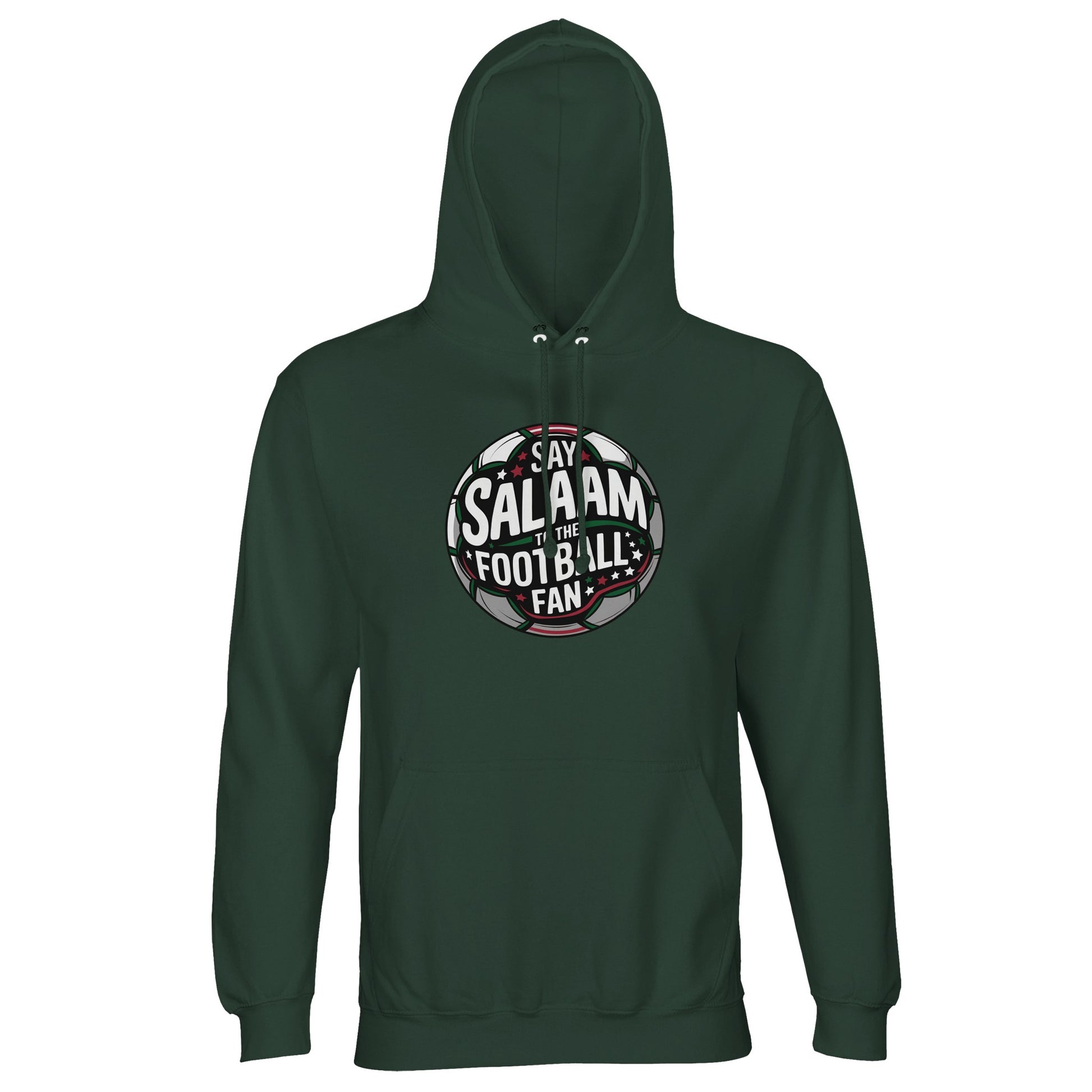 Bottle Green / Outer Space Say Salaam to the Football Fan Design #1 unisex hoodie featuring a deep green tone that reinforces the heritage feel of the circular football emblem and layered graphic details. The darker shade enhances the badge-style print, giving it a classic supporter look. Made from a cotton and recycled polyester blend with brushed fleece lining, it suits Islamic shop offerings, Muslim clothing preferences, and modest football fan outfits with lasting visual impact. It’s what Muslims wear.