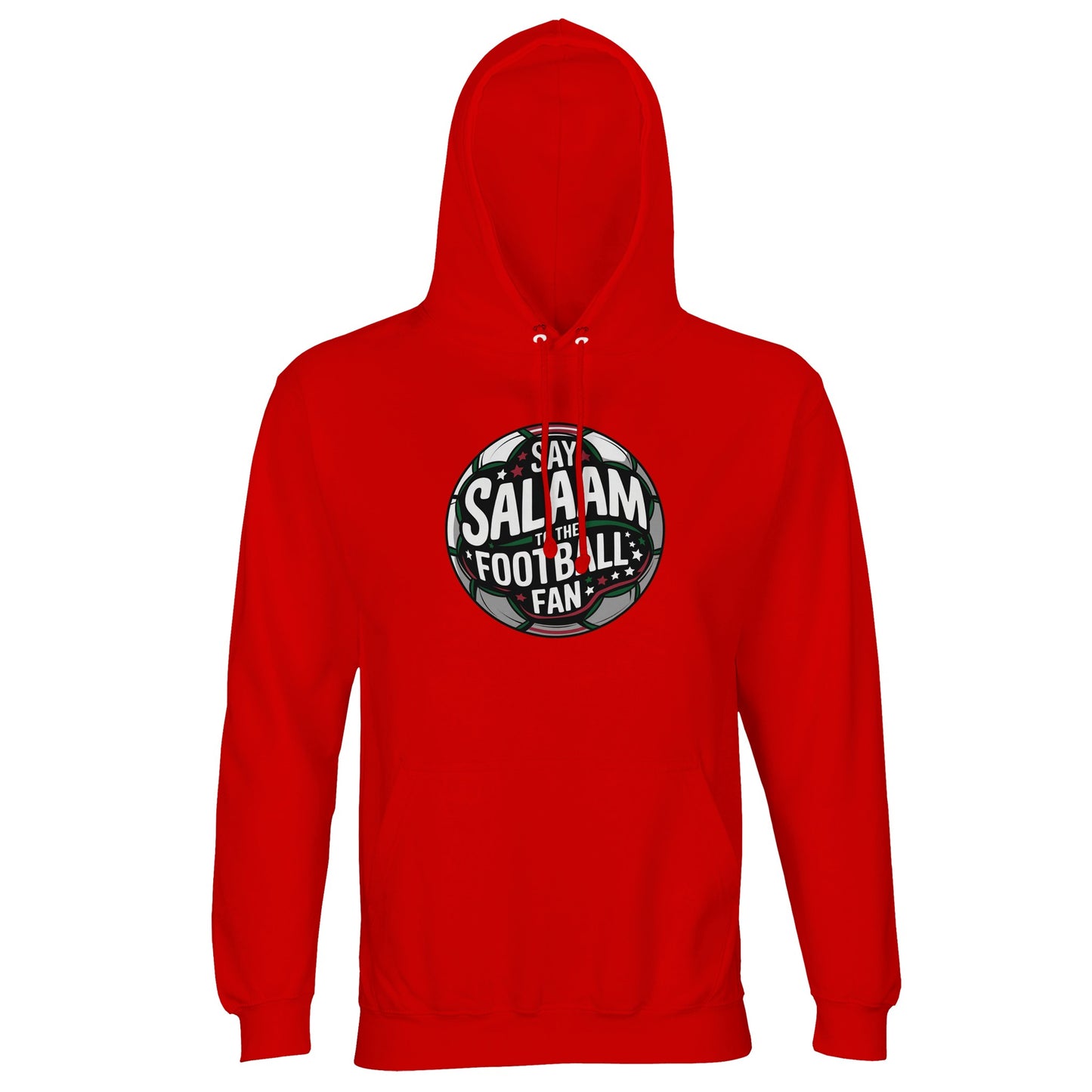 Bright Red / Rosso Corsa Say Salaam to the Football Fan Design #1 unisex hoodie delivering maximum contrast between the bold red base and the circular football graphic with Salaam text. The colour recalls matchday kits and terrace energy, giving the print extra presence. Crafted from cotton and recycled polyester fleece, it works as expressive Muslim clothing, modest apparel for football supporters, and warm Islamic wear that blends passion, faith, and sport. This is what Muslims wear.