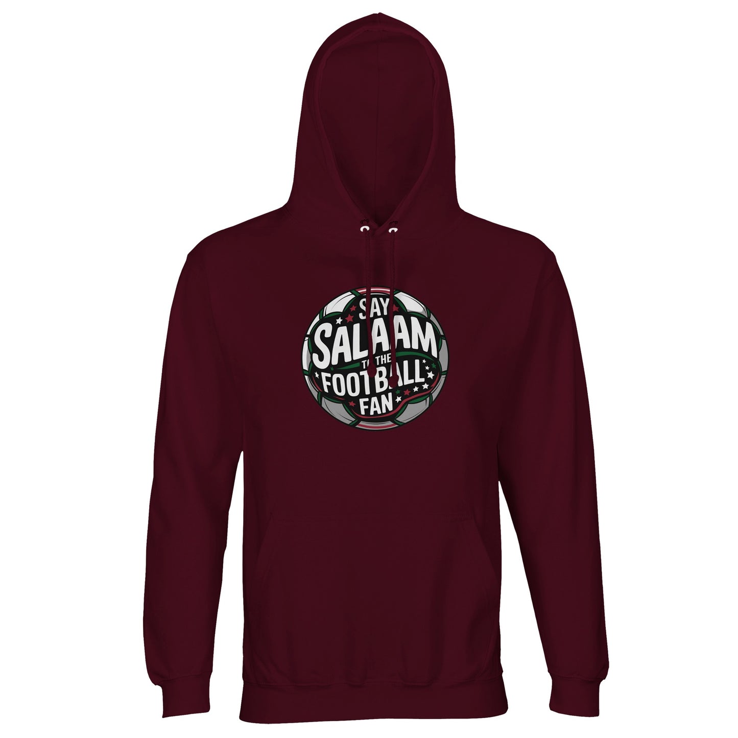 Burgundy / Dark Sienna Say Salaam to the Football Fan Design #1 unisex hoodie pairing a deep red-brown tone with the layered football badge graphic and Salaam message. The colour adds warmth and depth while keeping the print authoritative and clear. Constructed from a cotton and recycled polyester blend with brushed fleece lining, it suits modest wear styling, Islamic clothing ranges, and affordable Muslim football fan apparel with character.