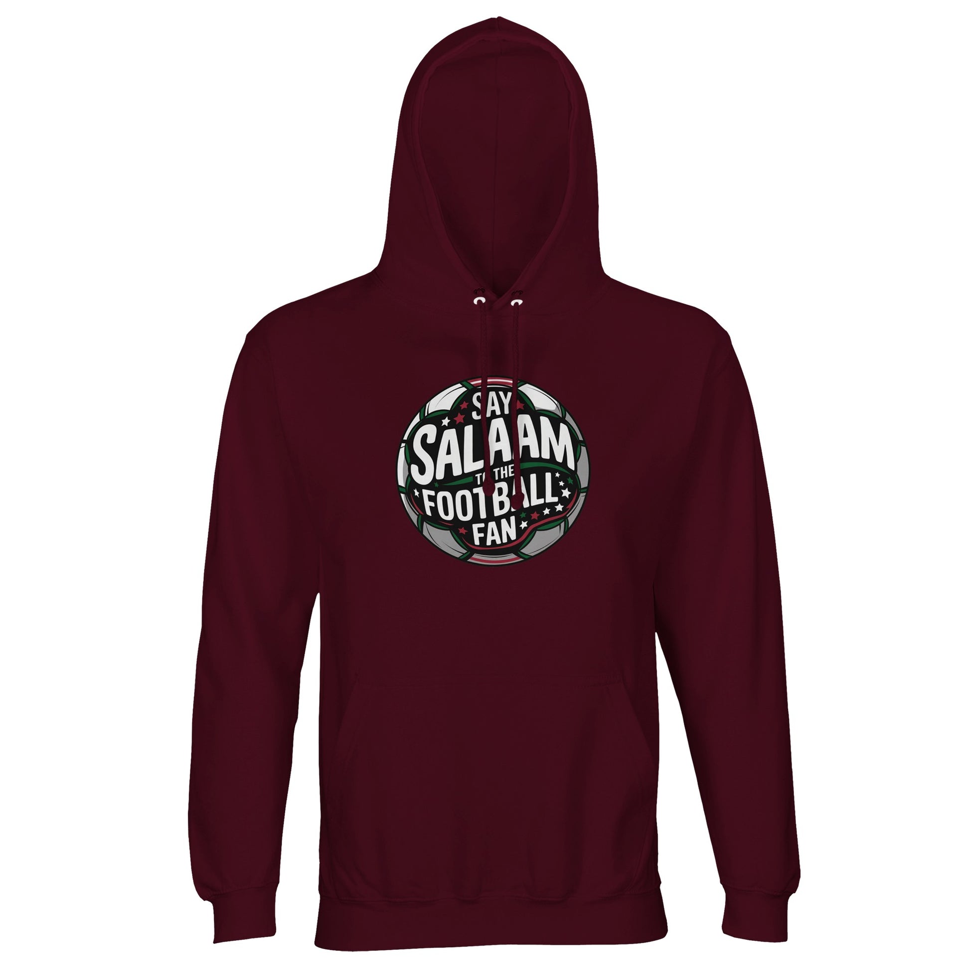 Burgundy / Dark Sienna Say Salaam to the Football Fan Design #1 unisex hoodie pairing a deep red-brown tone with the layered football badge graphic and Salaam message. The colour adds warmth and depth while keeping the print authoritative and clear. Constructed from a cotton and recycled polyester blend with brushed fleece lining, it suits modest wear styling, Islamic clothing ranges, and affordable Muslim football fan apparel with character.