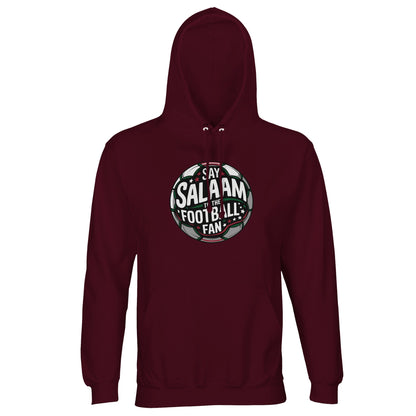Burgundy / Dark Sienna Say Salaam to the Football Fan Design #1 unisex hoodie pairing a deep red-brown tone with the layered football badge graphic and Salaam message. The colour adds warmth and depth while keeping the print authoritative and clear. Constructed from a cotton and recycled polyester blend with brushed fleece lining, it suits modest wear styling, Islamic clothing ranges, and affordable Muslim football fan apparel with character.
