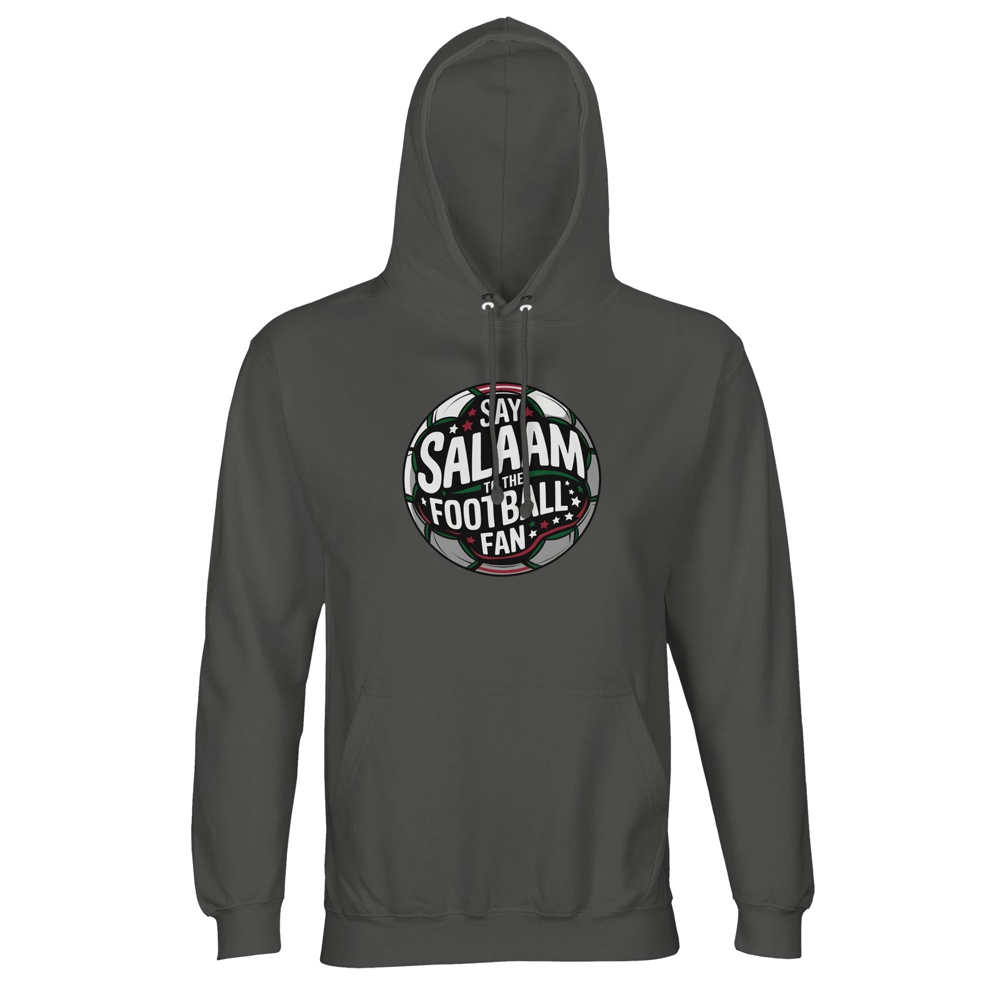Charcoal Melange / Black Cow Say Salaam to the Football Fan Design #1 unisex hoodie offering a textured dark base that sharpens the contrast of the football badge print and Salaam lettering. The melange finish adds depth while keeping the design versatile and understated. Constructed from cotton and recycled polyester fleece, it aligns with modest wear, Islamic clothing aesthetics, and adult Muslim apparel collections focused on football identity and everyday comfort and warmth. This is what Muslims wear.