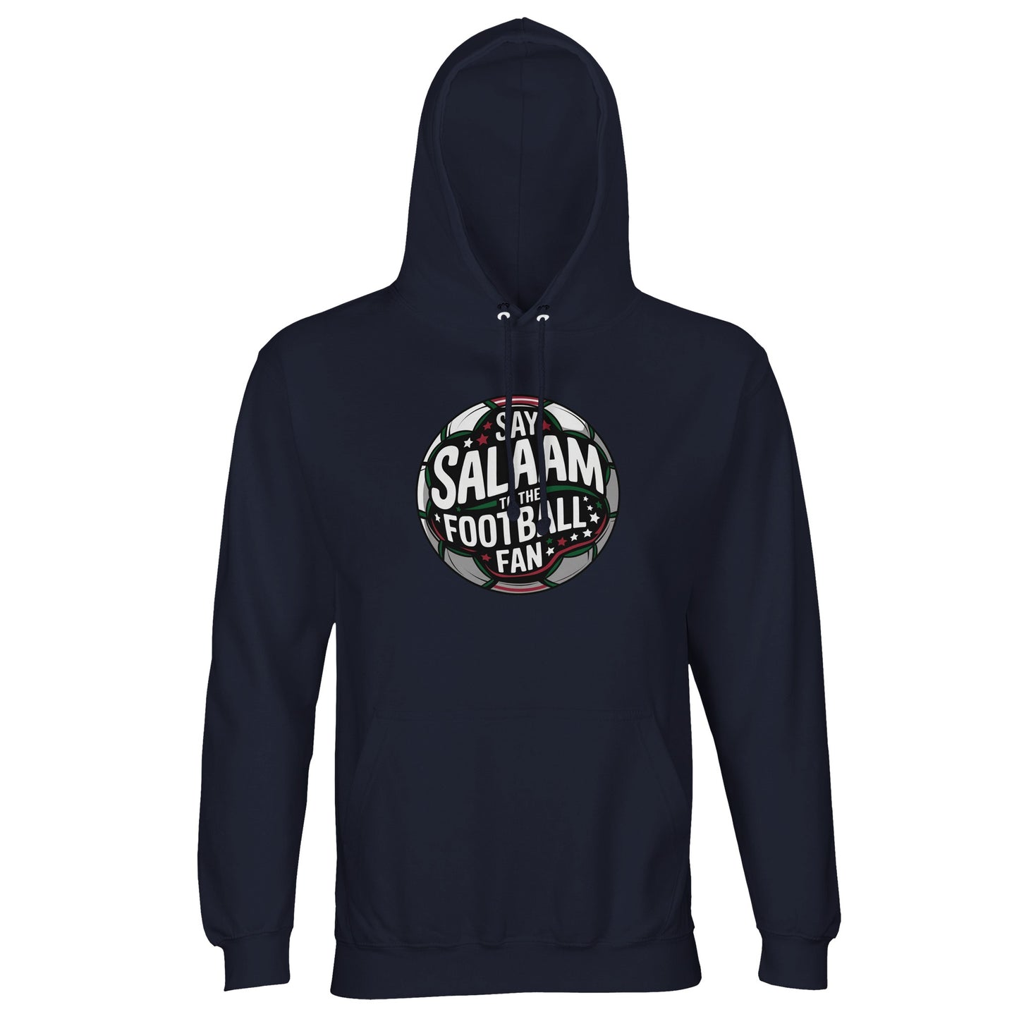 French Navy / Ebony Clay Say Salaam to the Football Fan Design #1 unisex hoodie using a deep navy base to emphasise the layered football emblem and bold Salaam typography. The classic colourway keeps the design timeless and versatile. Produced from cotton and recycled polyester fleece, it suits Islamic shop ranges, warm winter Muslim clothing wardrobes, and modest apparel built around football tradition and everyday wearability. This is what Muslims wear.