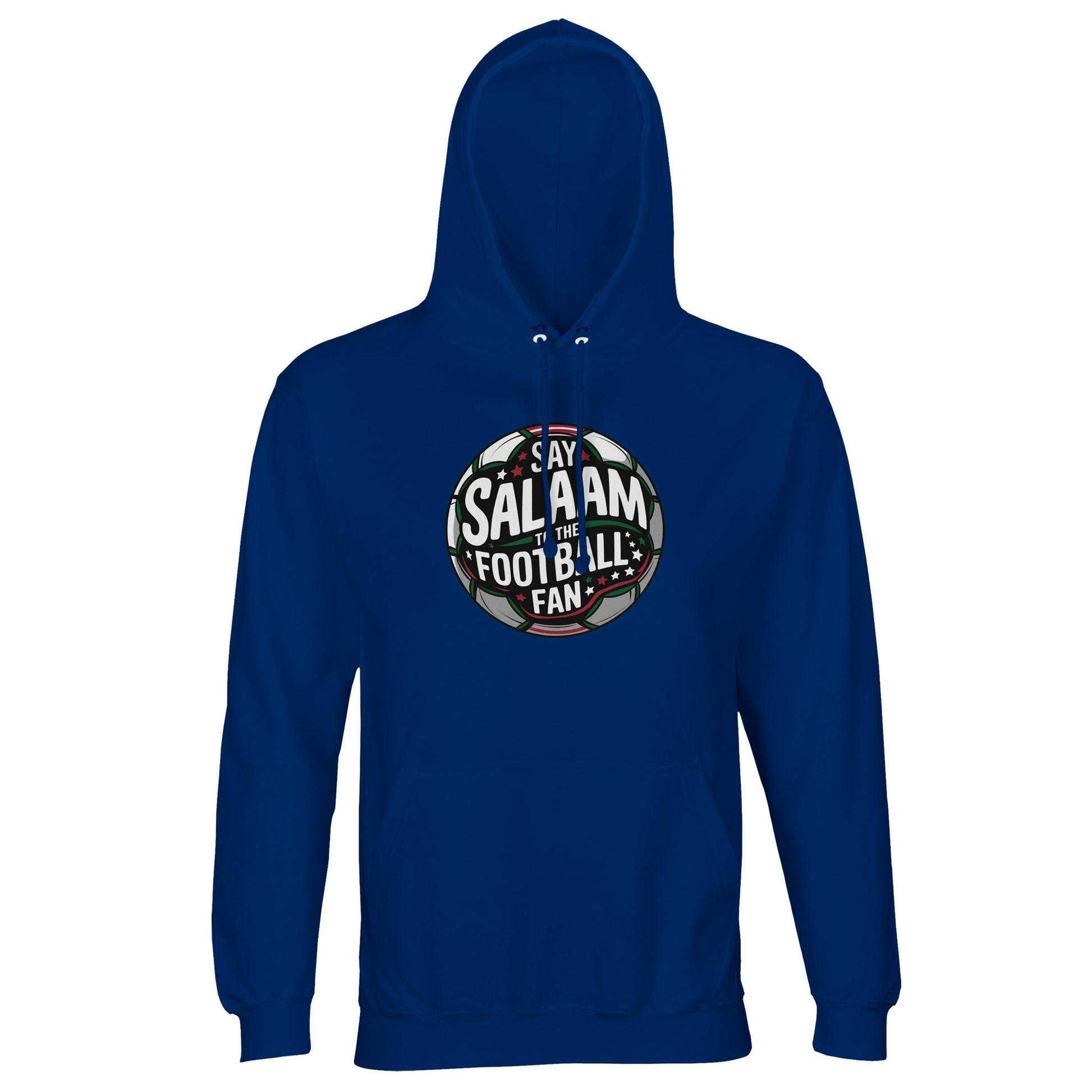 Royal Blue / Dark Midnight Blue Say Salaam to the Football Fan Design #1 unisex hoodie featuring a saturated blue tone that gives the circular football badge print a clean, high-contrast finish. The graphic reads clearly while maintaining strong visual weight. Crafted from a cotton and recycled polyester blend with brushed fleece, it aligns with Muslim cold weather clothing needs, affordable modest wear choices, and warm Islamic apparel centred on football fandom. This is what Muslims wear.