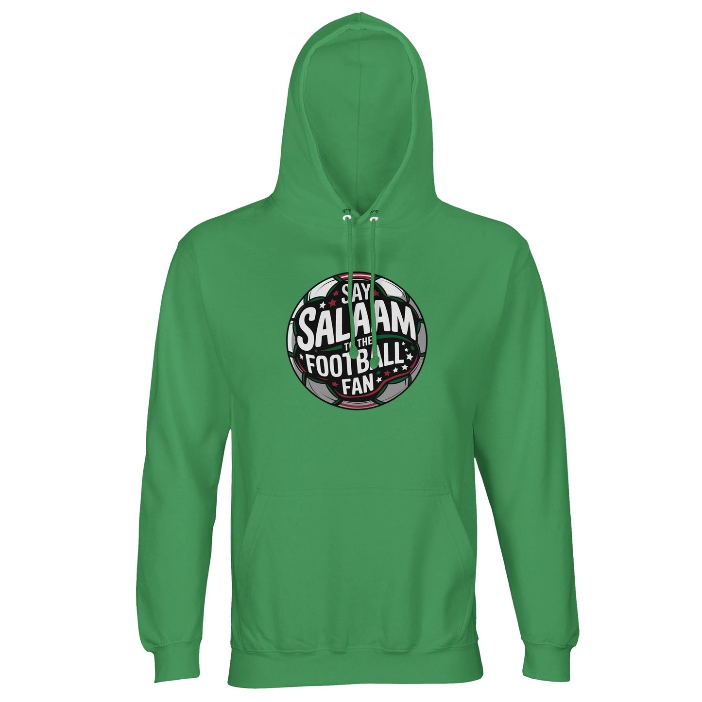 Spring Green / Sea Green / Eucalyptus Say Salaam to the Football Fan Design #1 unisex hoodie featuring a bold circular football badge print with layered typography and star detailing around the Salaam message. The vivid green base brings energy to the graphic, echoing grassroots pitches and matchday culture. Made from a cotton and recycled polyester blend with brushed fleece lining, this hoodie suits Muslim clothing wardrobes, modest wear styling, and everyday football fan outfits found in Islamic shops.