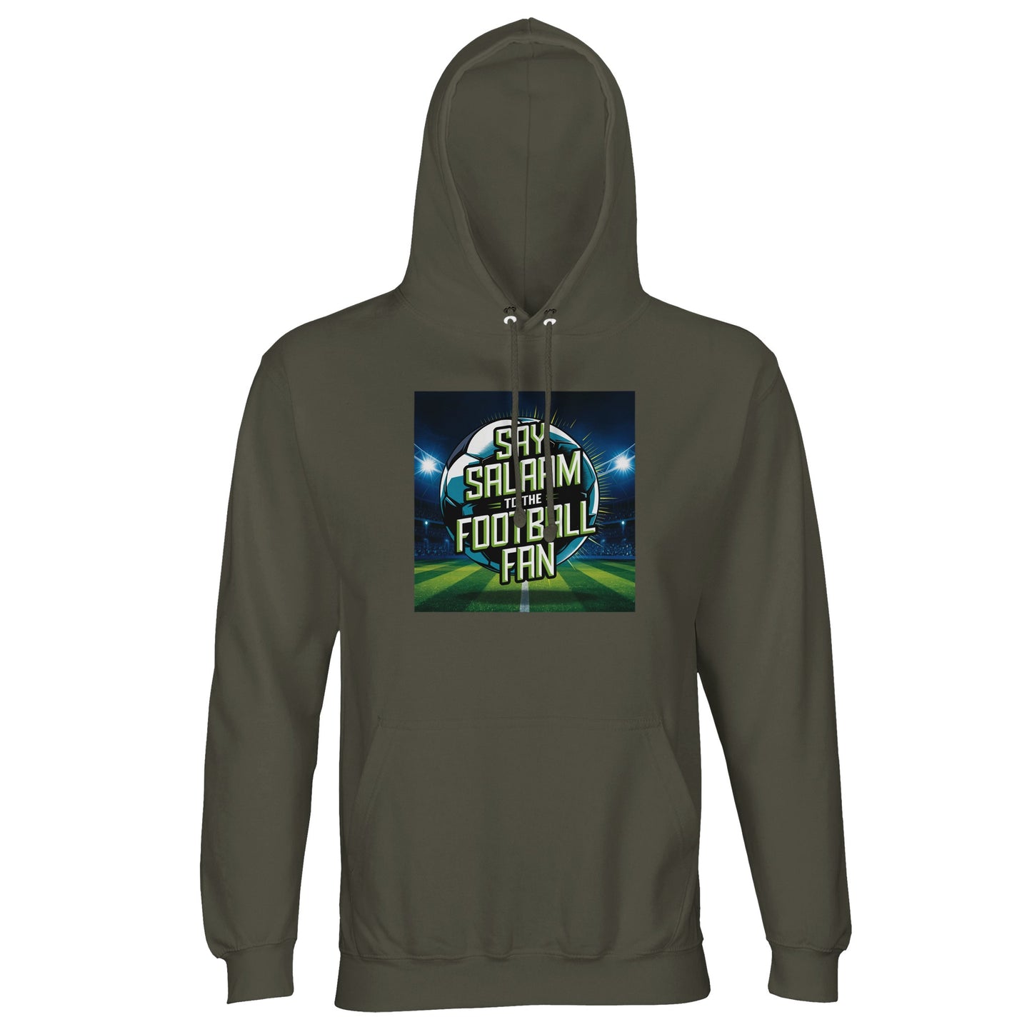 Army / Fuscous Grey Say Salaam to the Football Fan Design #2 hoodie combining an earthy green tone with a luminous football graphic and layered Salaam lettering across the chest. The muted colour keeps the design grounded while remaining expressive and easy to style. Made from a cotton and recycled polyester blend with brushed fleece lining, this affordable hoodie delivers warmth, comfort, and durability. Well suited to modest wear, Muslim clothing, Islamic streetwear, everyday outfits.