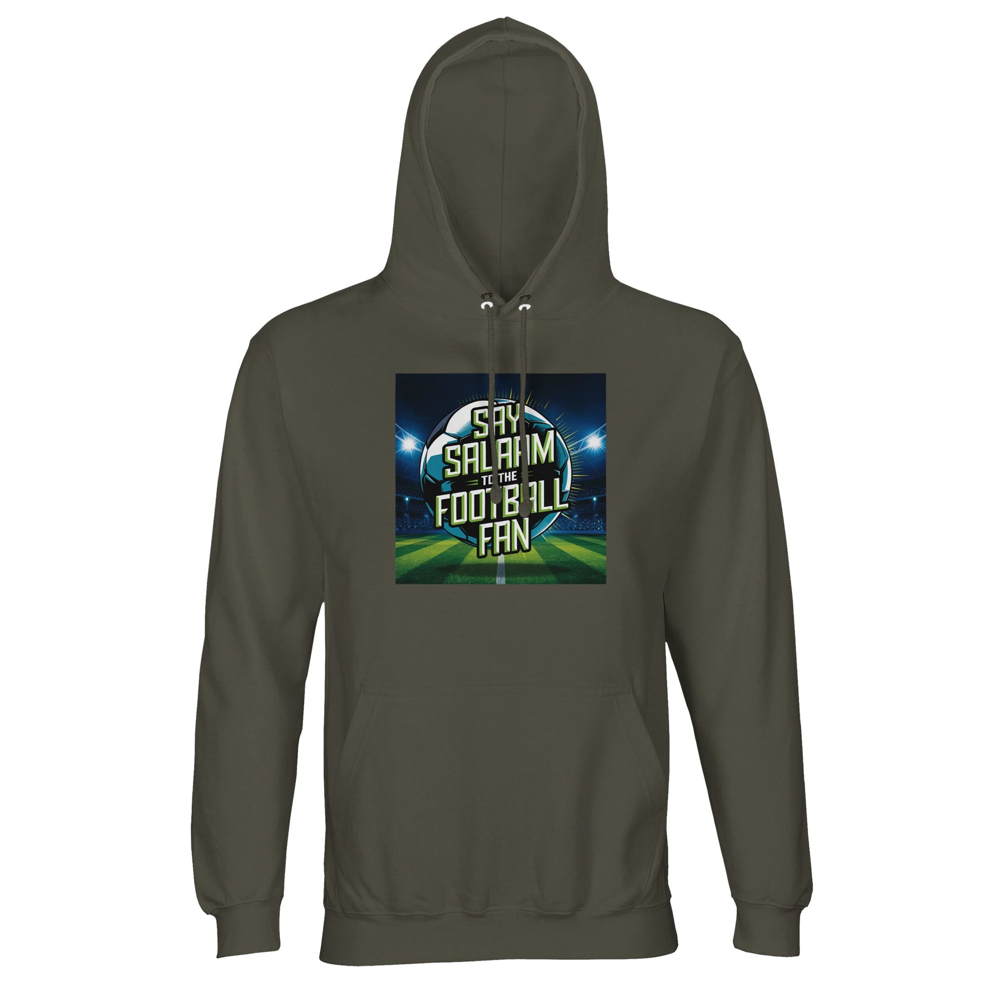 Army / Fuscous Grey Say Salaam to the Football Fan Design #2 hoodie combining an earthy green tone with a luminous football graphic and layered Salaam lettering across the chest. The muted colour keeps the design grounded while remaining expressive and easy to style. Made from a cotton and recycled polyester blend with brushed fleece lining, this affordable hoodie delivers warmth, comfort, and durability. Well suited to modest wear, Muslim clothing, Islamic streetwear, everyday outfits.
