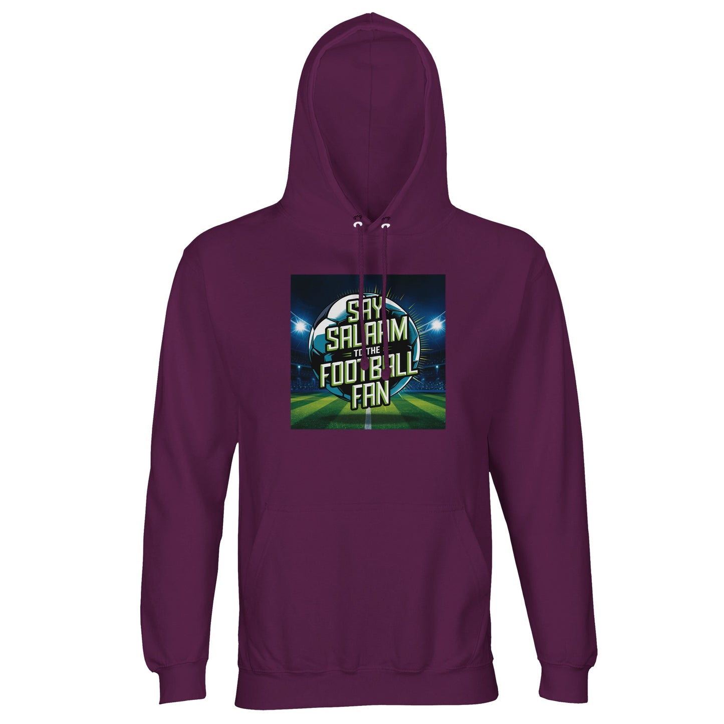 Astral Purple / Wine Berry / Reddish Magenta Say Salaam to the Football Fan Design #2 hoodie blending a rich purple base with a luminous football graphic and layered Salaam text. The colour adds depth and individuality while remaining wearable and balanced. Crafted from cotton and recycled polyester with brushed fleece comfort, this affordable hoodie works well for modest wear, Muslim clothing, Islamic shop ranges, casual streetwear, football fans, and relaxed everyday outfits.