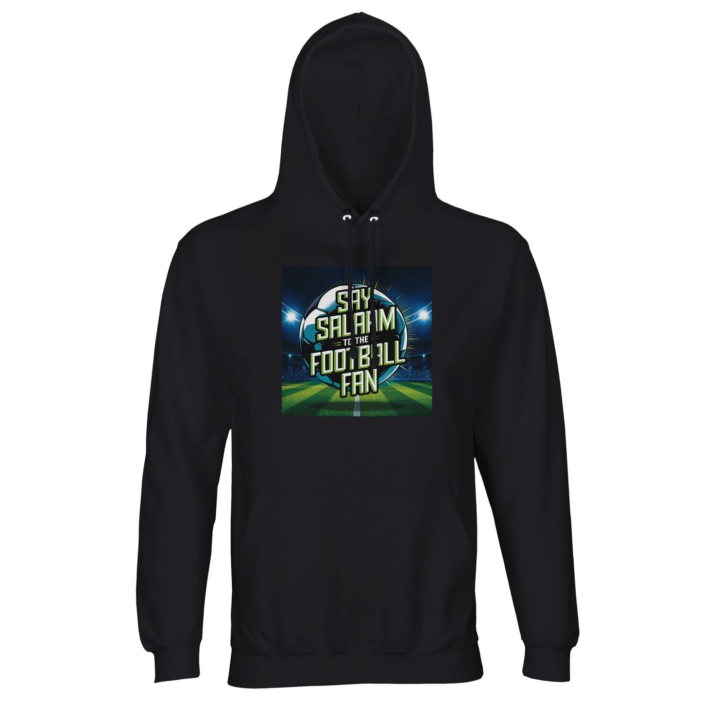 Black / Zeus Say Salaam to the Football Fan Design #2 hoodie featuring a deep black base that allows the glowing football artwork and Salaam lettering to stand out with maximum contrast. The colour offers versatility across seasons and outfits. Crafted affordably with brushed fleece comfort and durable fabric, this hoodie fits modest wear, Muslim clothing needs, Islamic streetwear collections, football fan styling, and reliable everyday use. This is what Muslims wear. Good clothes for winter.