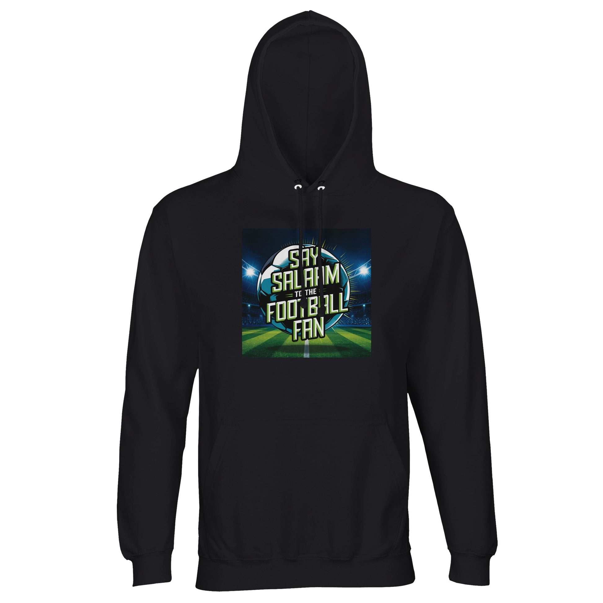 Black / Zeus Say Salaam to the Football Fan Design #2 hoodie featuring a deep black base that allows the glowing football artwork and Salaam lettering to stand out with maximum contrast. The colour offers versatility across seasons and outfits. Crafted affordably with brushed fleece comfort and durable fabric, this hoodie fits modest wear, Muslim clothing needs, Islamic streetwear collections, football fan styling, and reliable everyday use. This is what Muslims wear. Good clothes for winter.