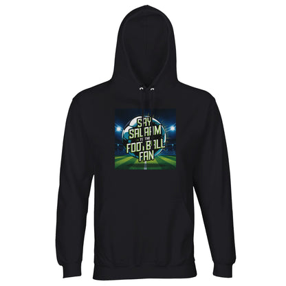 Black / Zeus Say Salaam to the Football Fan Design #2 hoodie featuring a deep black base that allows the glowing football artwork and Salaam lettering to stand out with maximum contrast. The colour offers versatility across seasons and outfits. Crafted affordably with brushed fleece comfort and durable fabric, this hoodie fits modest wear, Muslim clothing needs, Islamic streetwear collections, football fan styling, and reliable everyday use. This is what Muslims wear. Good clothes for winter.