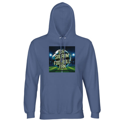 Blue / Marble Blue / Blue-Grey / Waikawa Grey Say Salaam to the Football Fan Design #2 hoodie presenting a calm blue base that complements the vibrant football artwork and Salaam message. The layered blue tones maintain clarity in the graphic and suit regular wear. Made at a good price using durable cotton and recycled polyester with brushed fleece lining, this fits modest wear needs, Muslim clothing collections, Islamic shop ranges, and everyday fan wardrobes designed for comfort, value, and repeated use.