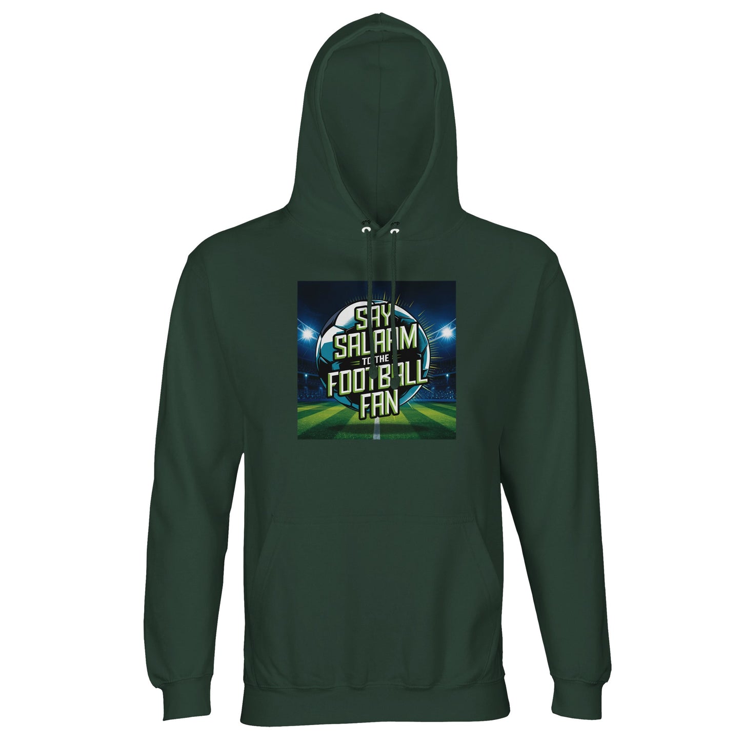 Bottle Green / Outer Space Say Salaam to the Football Fan Design #2 hoodie presenting a deep green base that complements the illuminated football artwork and bold Salaam typography. The darker shade adds a classic, composed feel while keeping the design visible. Produced from a cotton and recycled polyester blend with brushed fleece lining, this well-priced hoodie suits modest wear, Muslim clothing, Islamic shop offerings, football fan outfits, relaxed weekends, and practical daily layering.