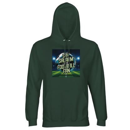 Bottle Green / Outer Space Say Salaam to the Football Fan Design #2 hoodie presenting a deep green base that complements the illuminated football artwork and bold Salaam typography. The darker shade adds a classic, composed feel while keeping the design visible. Produced from a cotton and recycled polyester blend with brushed fleece lining, this well-priced hoodie suits modest wear, Muslim clothing, Islamic shop offerings, football fan outfits, relaxed weekends, and practical daily layering.