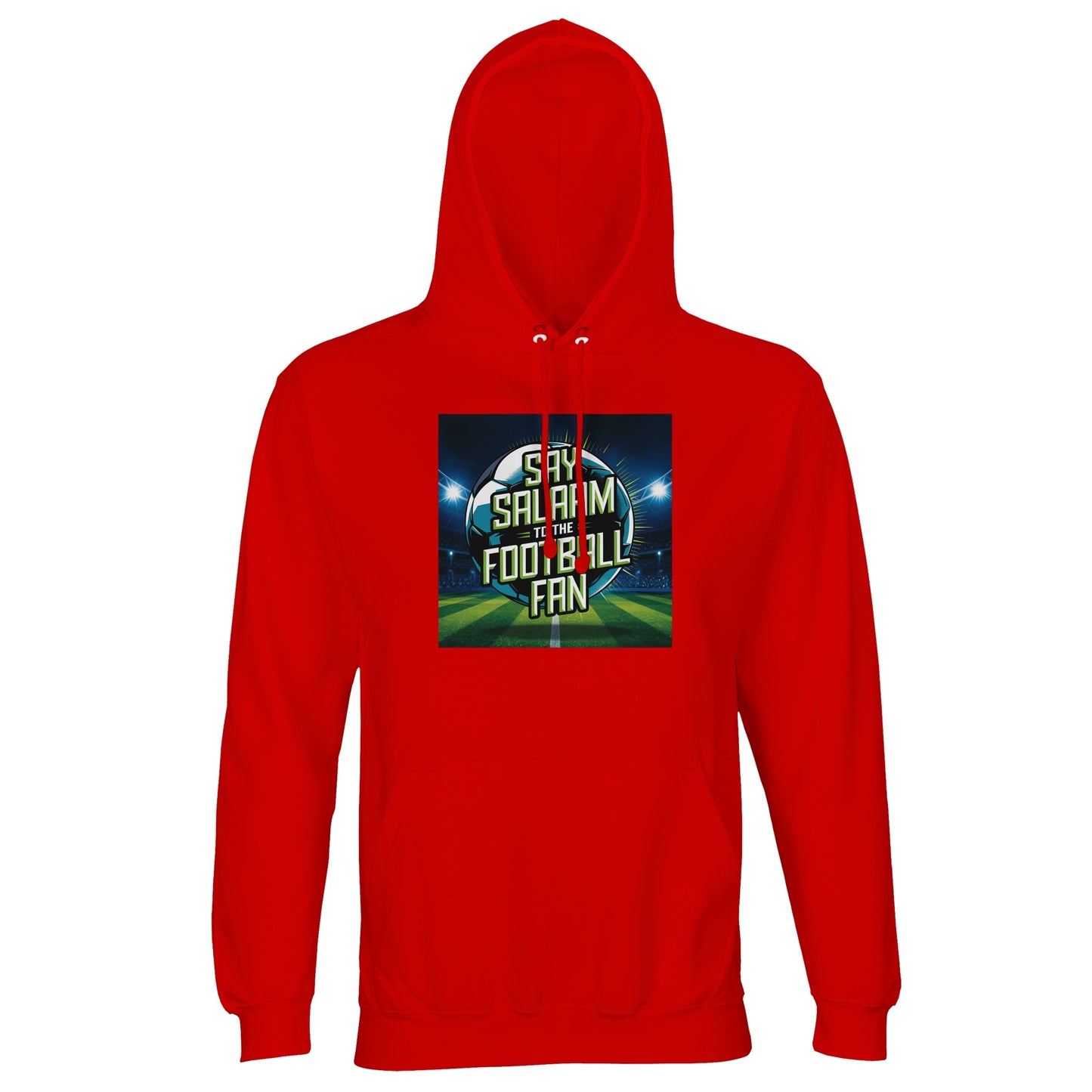 Bright Red / Rosso Corsa Say Salaam to the Football Fan Design #2 hoodie using a vibrant red tone that amplifies the energy of the glowing football graphic. The colour creates strong visual presence without overwhelming the printed design. Made affordably with a cotton and recycled polyester fleece blend, this hoodie supports modest apparel preferences, Muslim clothing styles, Islamic streetwear collections, football supporter wardrobes, gifting, and expressive everyday wear at a good price.