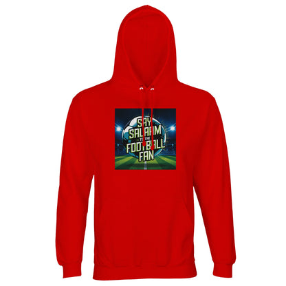 Bright Red / Rosso Corsa Say Salaam to the Football Fan Design #2 hoodie using a vibrant red tone that amplifies the energy of the glowing football graphic. The colour creates strong visual presence without overwhelming the printed design. Made affordably with a cotton and recycled polyester fleece blend, this hoodie supports modest apparel preferences, Muslim clothing styles, Islamic streetwear collections, football supporter wardrobes, gifting, and expressive everyday wear at a good price.