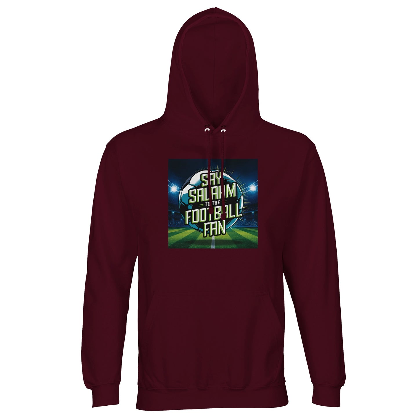 Burgundy / Dark Sienna Say Salaam to the Football Fan Design #2 hoodie combining a deep red-brown tone with a luminous football graphic and bold Salaam text. The colour adds warmth and richness while keeping the design grounded and wearable. Made from cotton and recycled polyester with brushed fleece lining, this good-value hoodie suits modest apparel, Muslim adult clothing, Islamic shop ranges, football supporters, and comfortable daily wear. Warm clothes for the cold weather. Representing our religion.