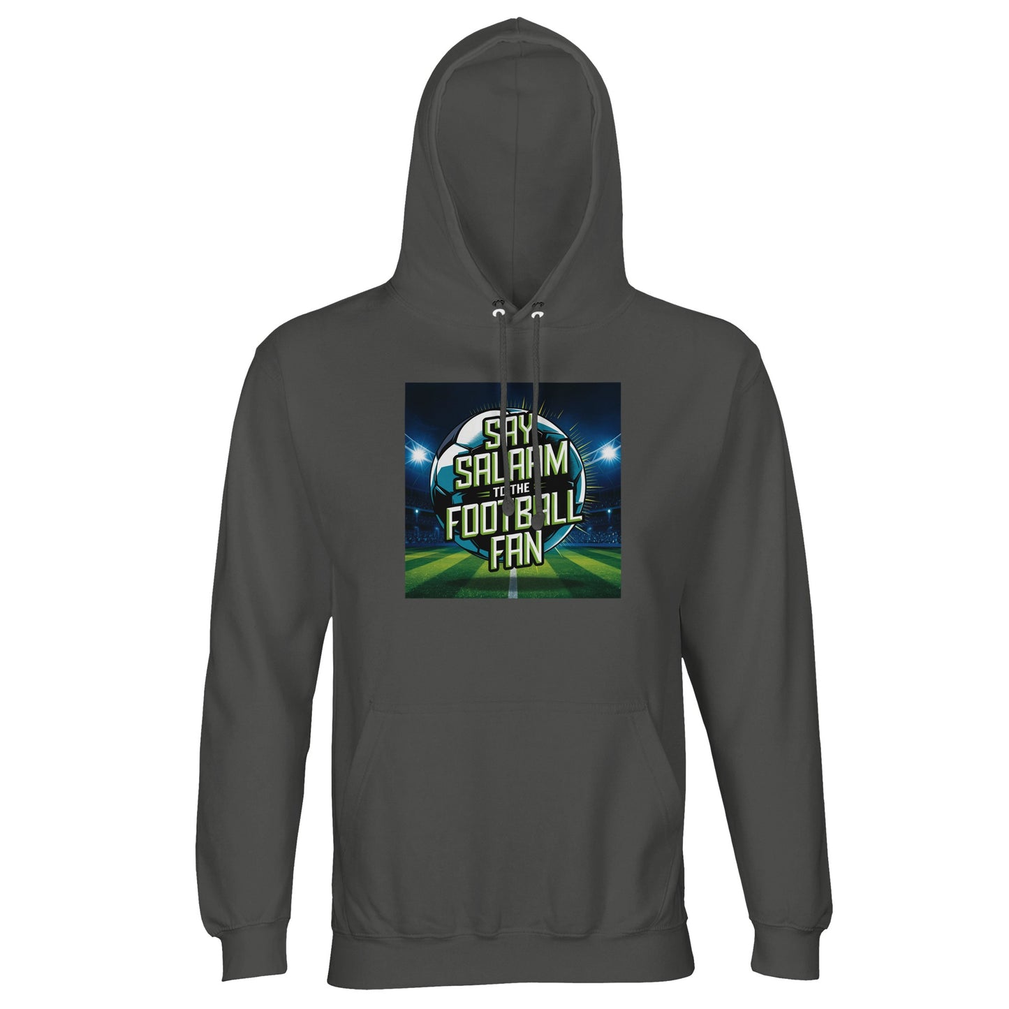 Charcoal Melange / Black Cow Say Salaam to the Football Fan Design #2 hoodie featuring a textured dark grey base that enhances contrast with the glowing football print and Salaam message. The neutral tone makes the design versatile for repeated wear across settings. Crafted at a good price using soft cotton and recycled polyester fleece, this hoodie fits modest apparel needs, Muslim wardrobes, Islamic casualwear collections, and football fan styles designed for comfort, warmth, and everyday reliability.