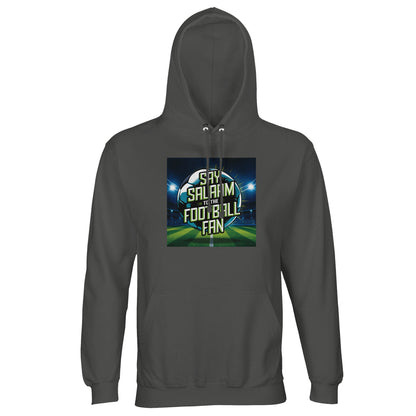 Charcoal Melange / Black Cow Say Salaam to the Football Fan Design #2 hoodie featuring a textured dark grey base that enhances contrast with the glowing football print and Salaam message. The neutral tone makes the design versatile for repeated wear across settings. Crafted at a good price using soft cotton and recycled polyester fleece, this hoodie fits modest apparel needs, Muslim wardrobes, Islamic casualwear collections, and football fan styles designed for comfort, warmth, and everyday reliability.