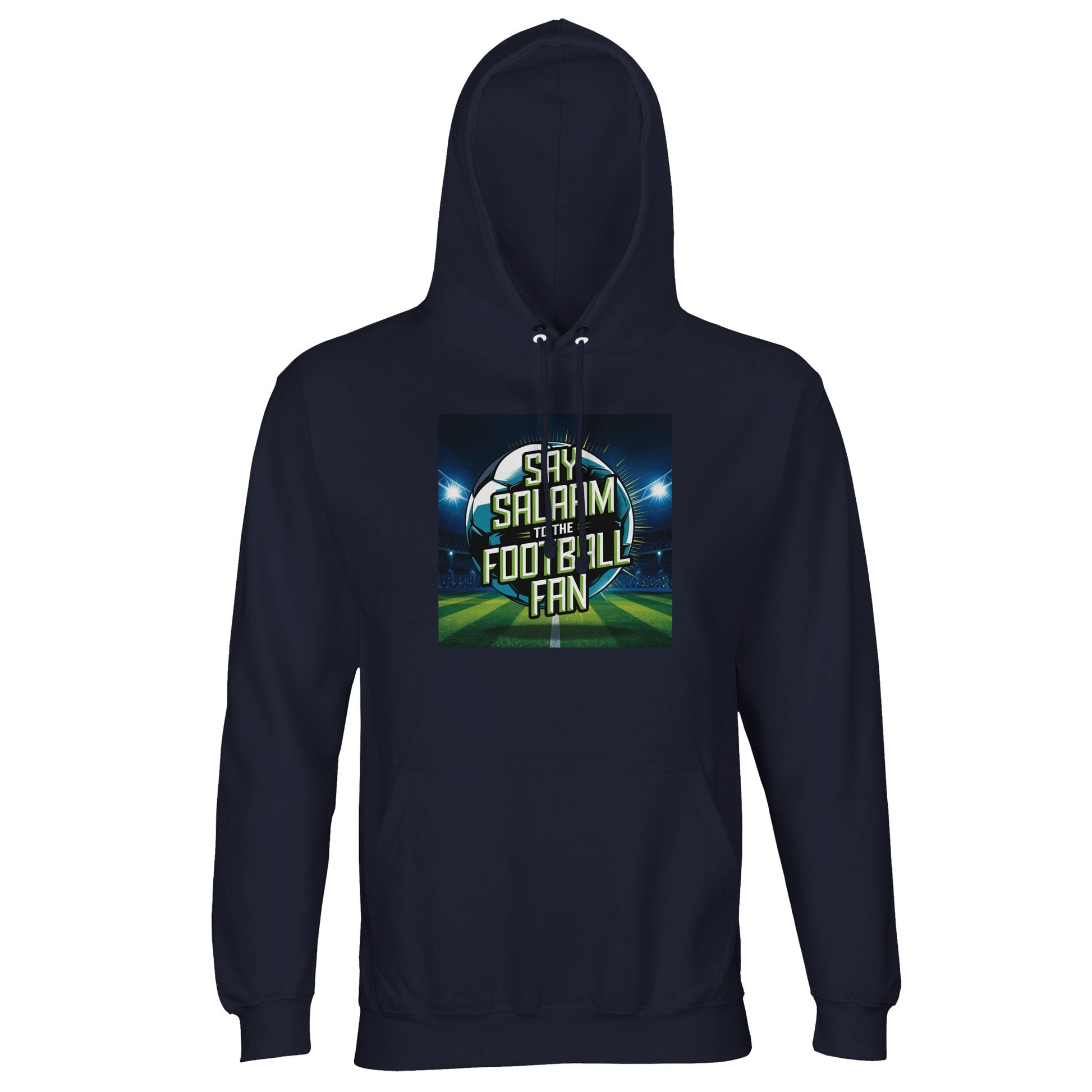 French Navy / Ebony Clay Say Salaam to the Football Fan Design #2 hoodie set on a dark navy base that sharpens the contrast of the illuminated football print and Salaam lettering. The colour keeps the design clean, timeless, and easy to pair with other clothing. Made at a good price using durable cotton and recycled polyester fleece, this sweatshirt with a hood fits modest wear needs, Muslim clothing collections, Islamic casualwear, and football fan essentials. This is what Muslims wear.