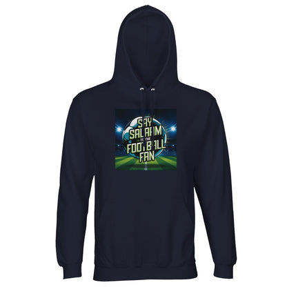 French Navy / Ebony Clay Say Salaam to the Football Fan Design #2 hoodie set on a dark navy base that sharpens the contrast of the illuminated football print and Salaam lettering. The colour keeps the design clean, timeless, and easy to pair with other clothing. Made at a good price using durable cotton and recycled polyester fleece, this sweatshirt with a hood fits modest wear needs, Muslim clothing collections, Islamic casualwear, and football fan essentials. This is what Muslims wear.